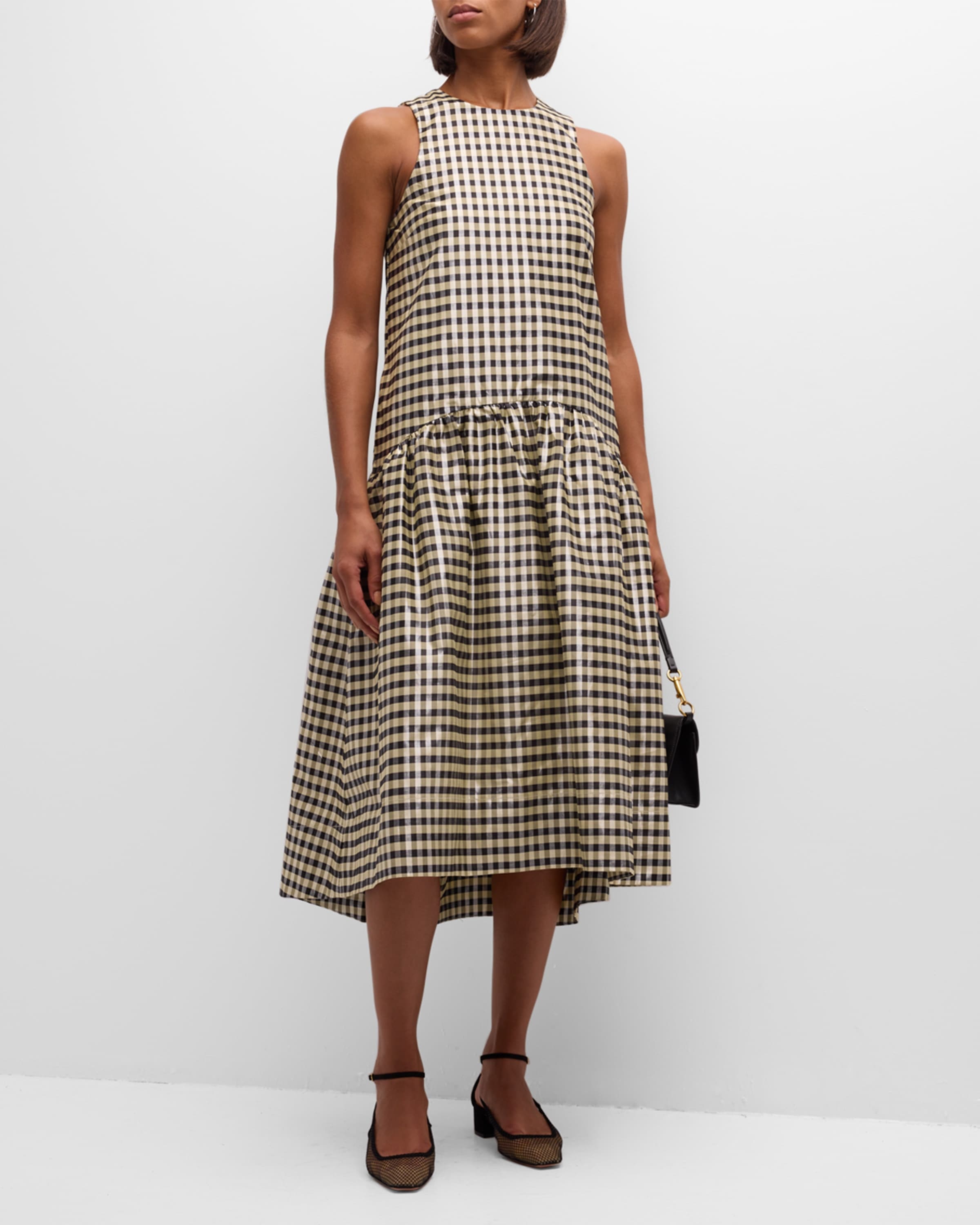 GANNI Shiny Check Drop-Waist Midi Dress | neimanmarcus