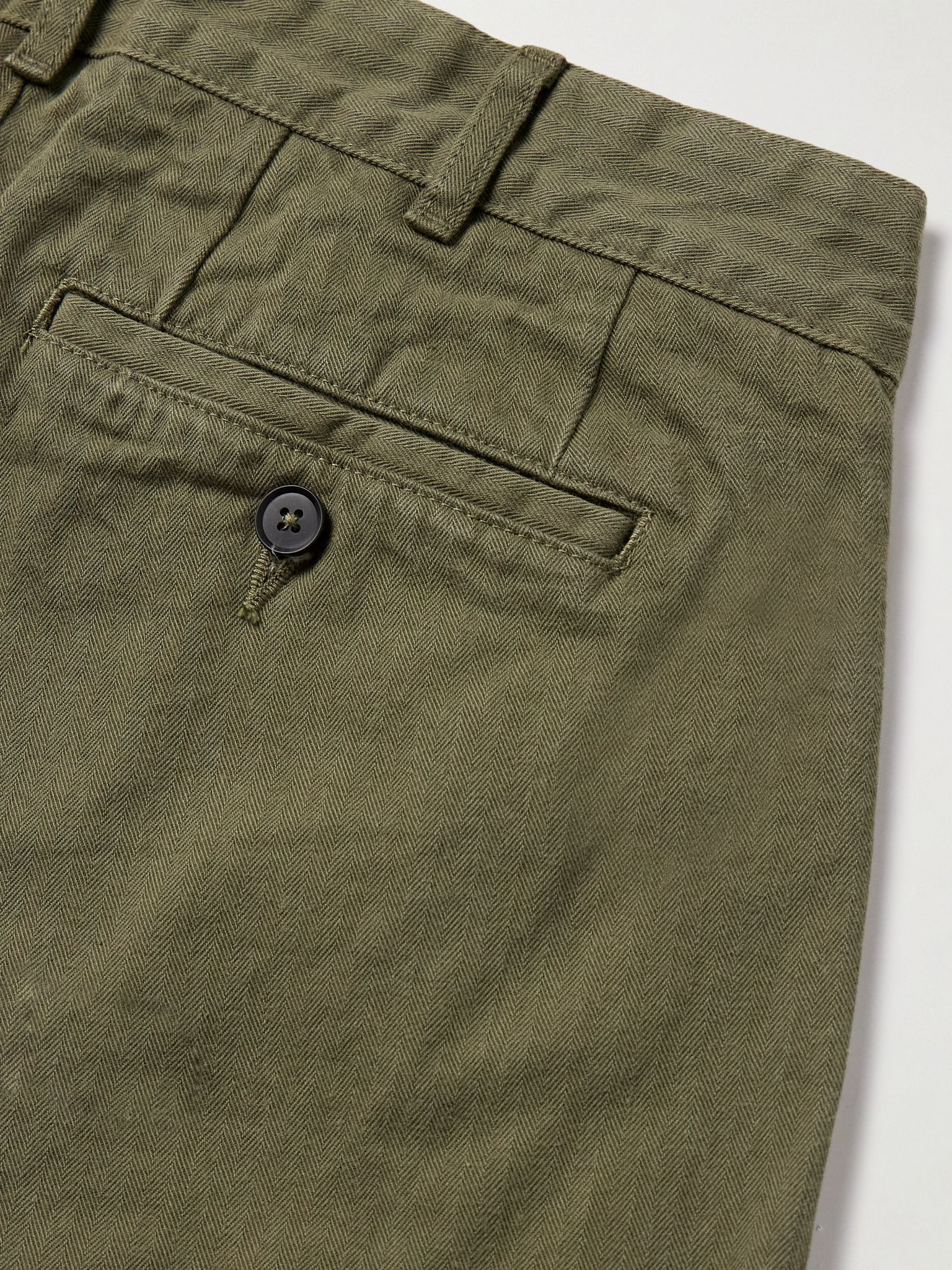 Straight-Leg Pleated Herringbone Cotton Trousers Green - 5