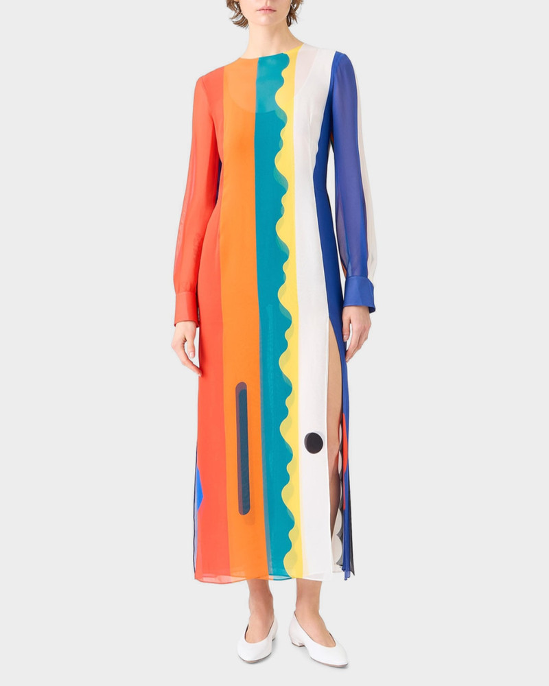 AKRIS Paravent-Print Silk Long-Sleeve Slits Maxi Dress outlook
