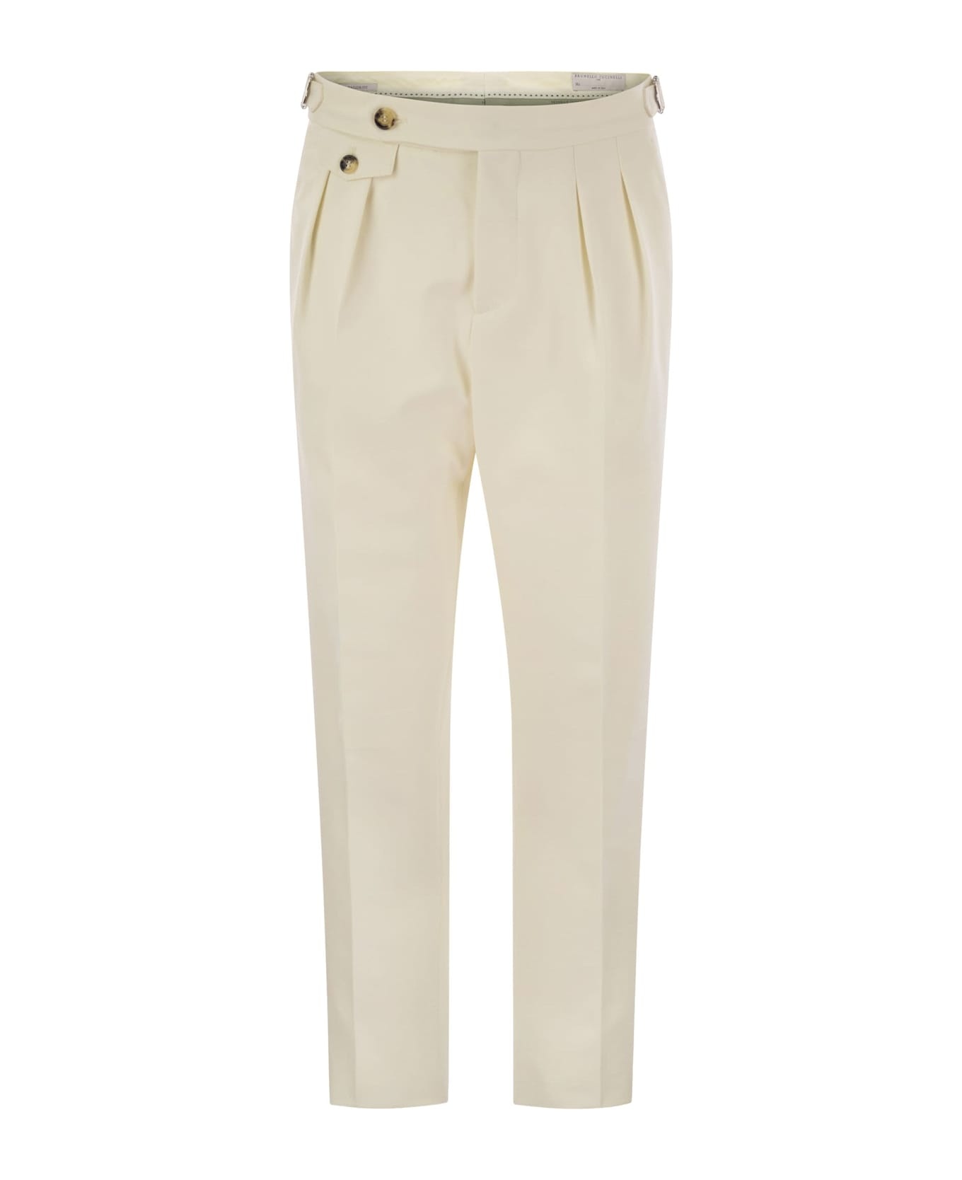 Tailor-fit Trousers In Cotton Gabardine And Virgin Wool With Double Inverted Darts And Buckles On Th - 1