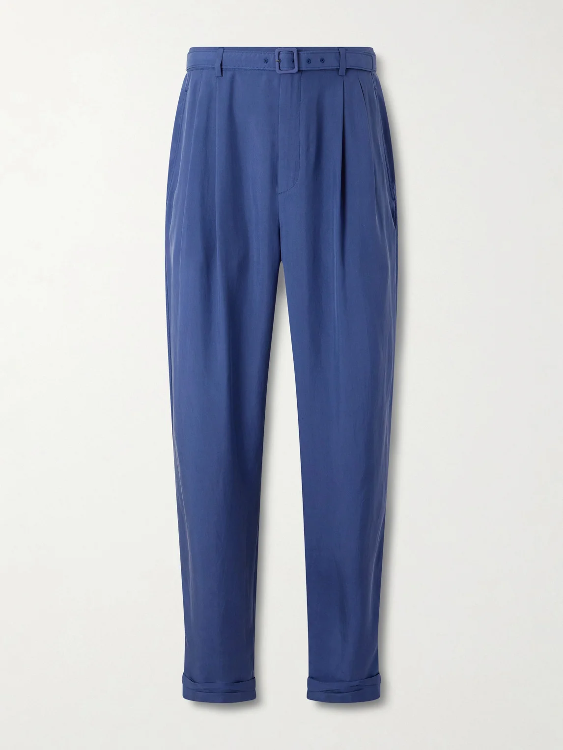 Tapered Belted Pleated Silk Trousers - 1