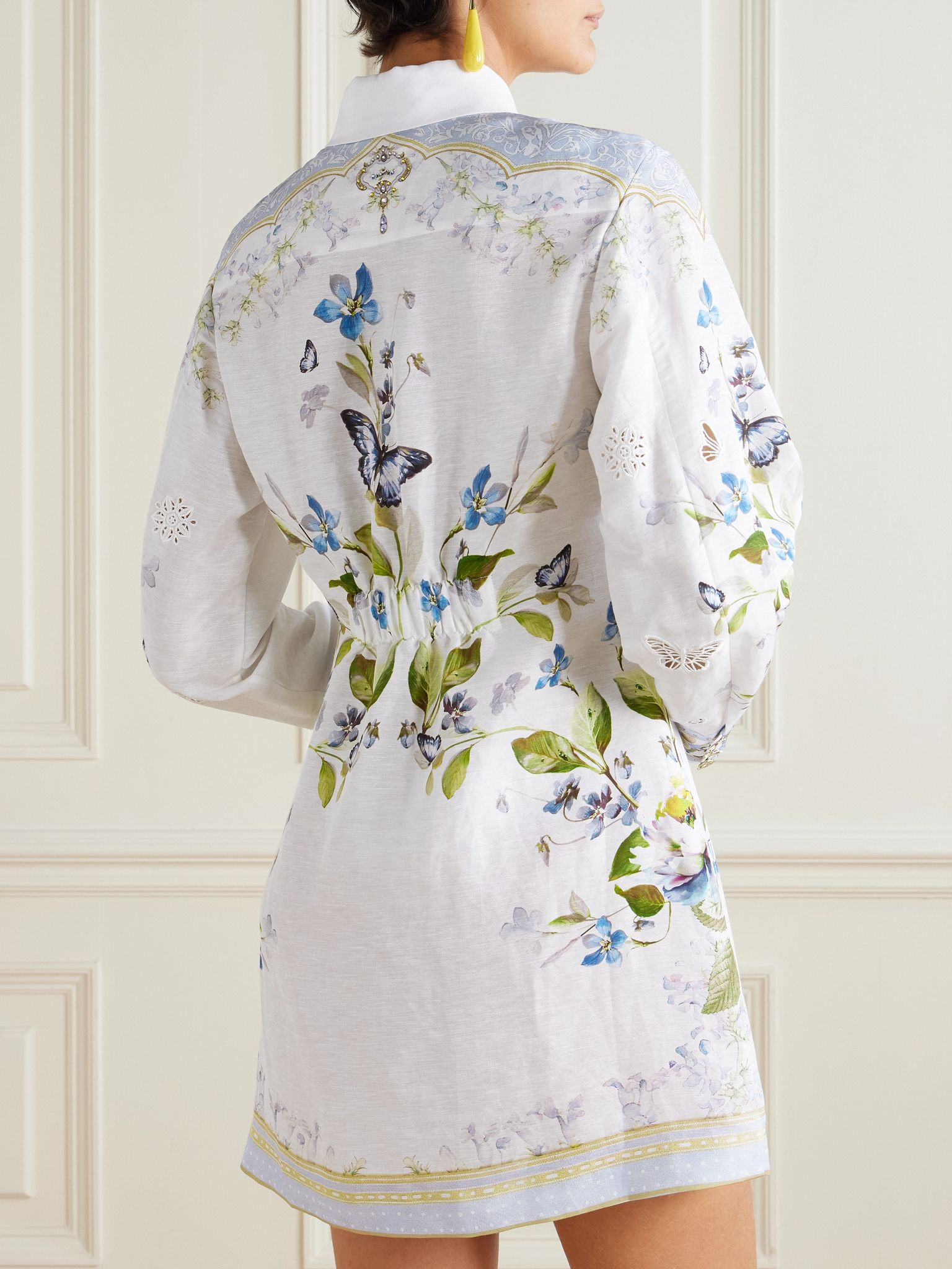 Crystal-embellished broderie anglaise linen and silk-blend mini shirt dress White - 3
