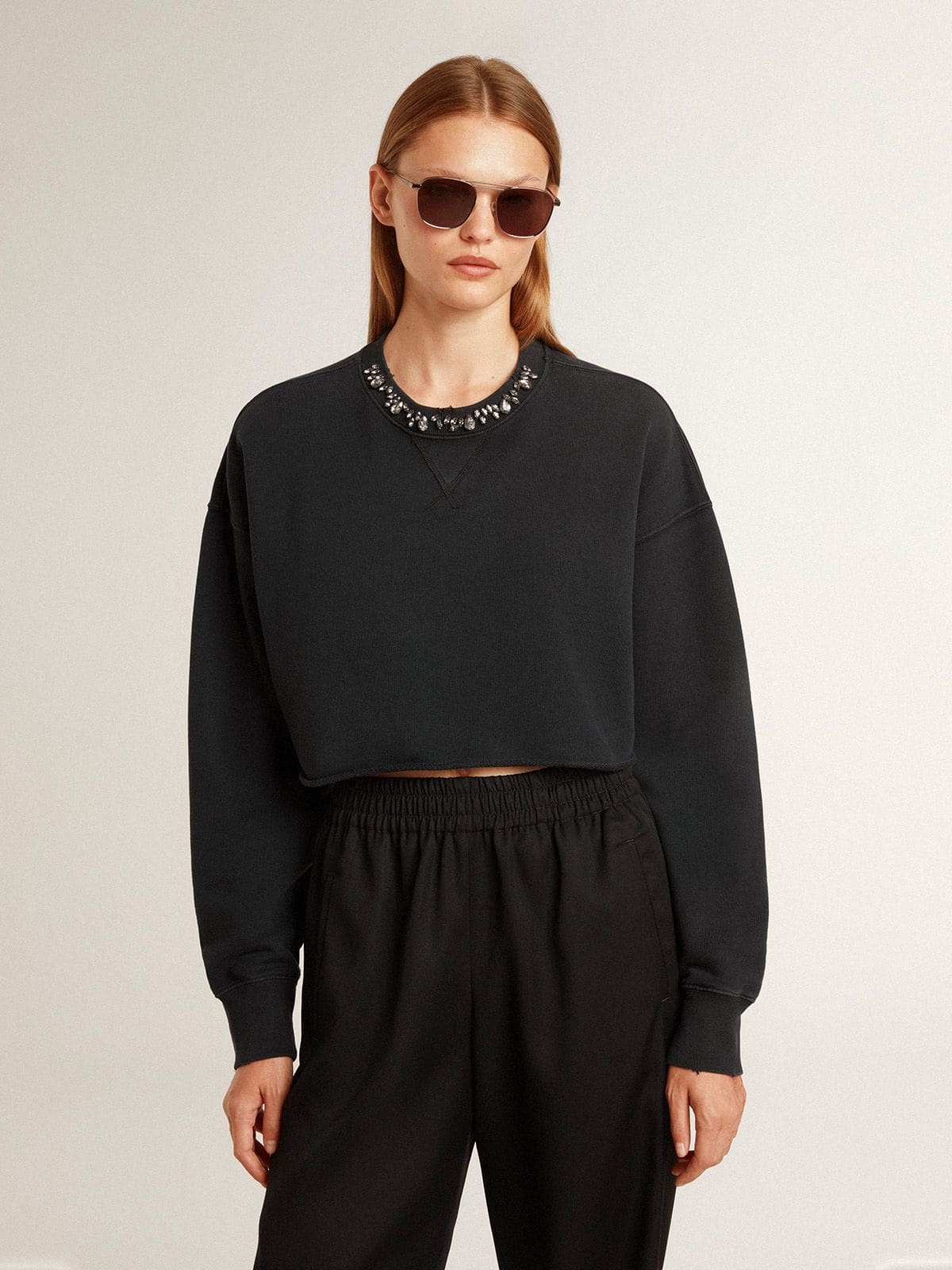 Women's cropped cotton sweatshirt with crystals on the front - 2
