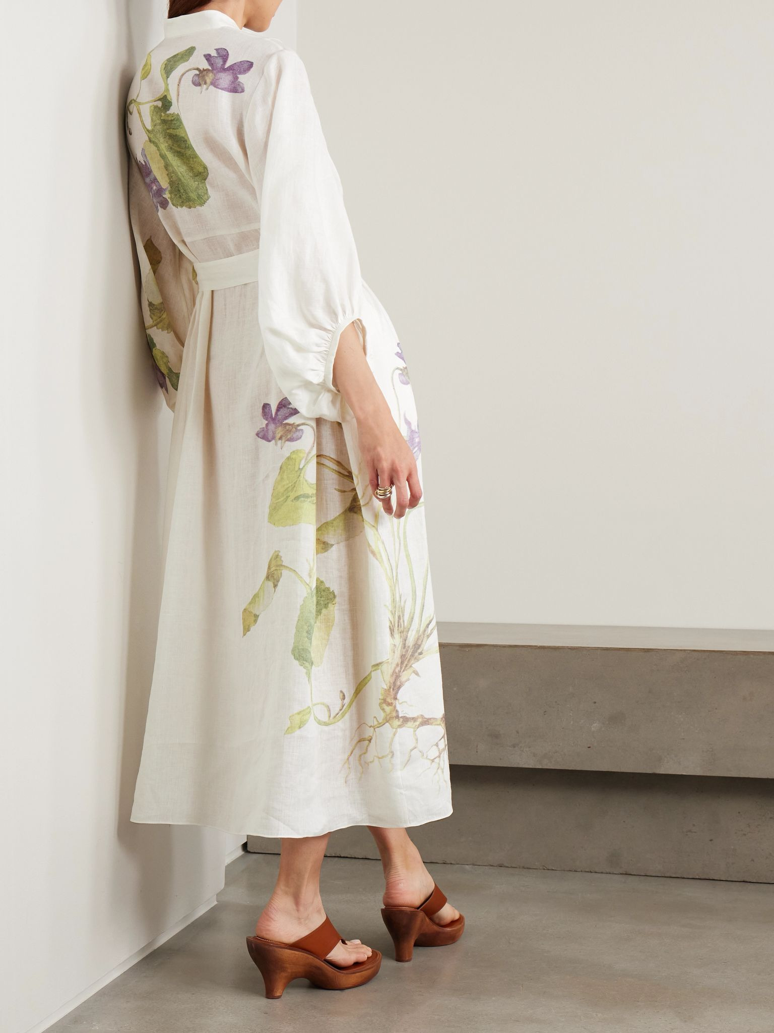 Belted floral-print linen midi dress White - 3