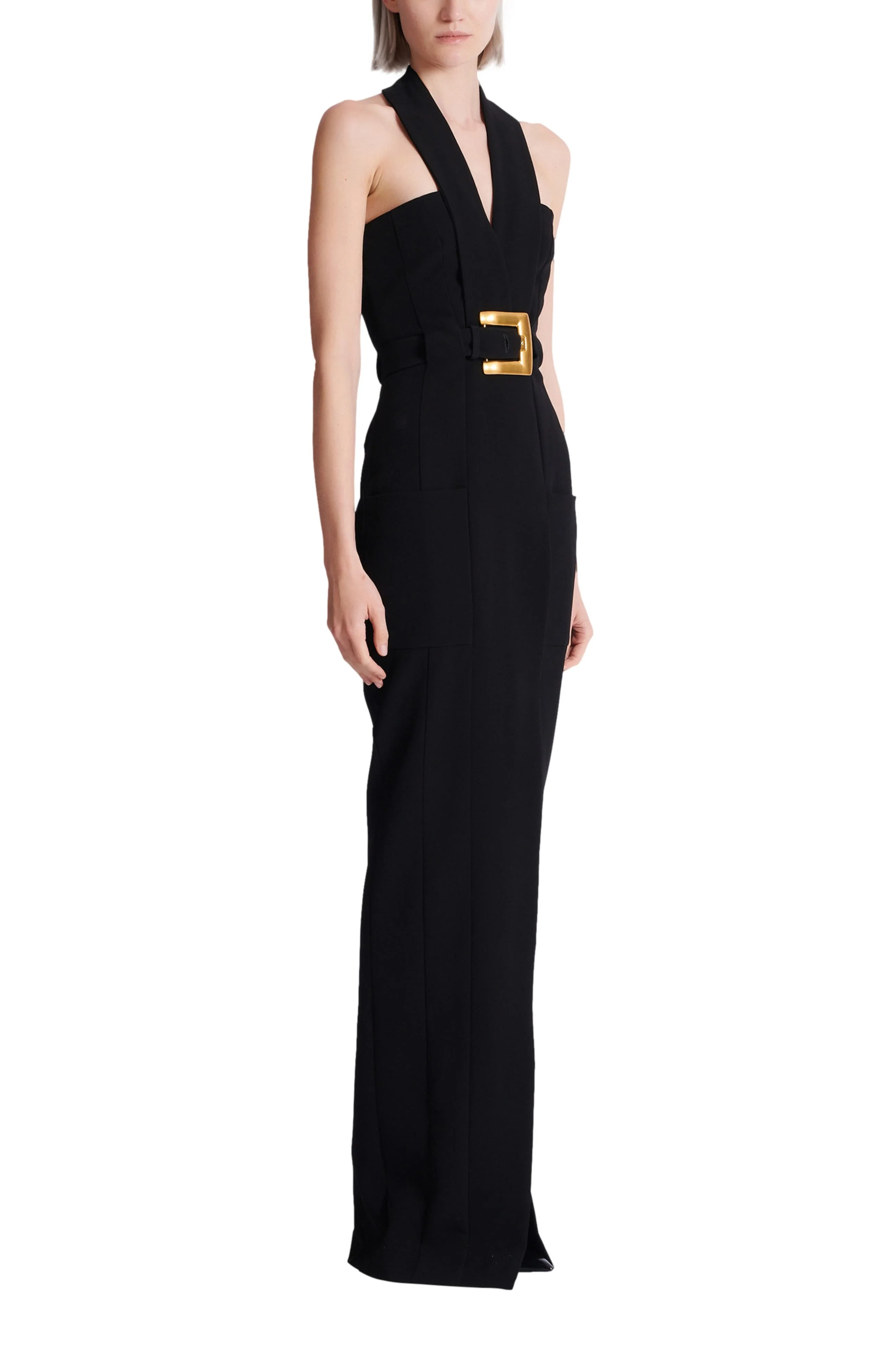 Balmain Long crepe dress with belt in Black at Nordstrom - 1