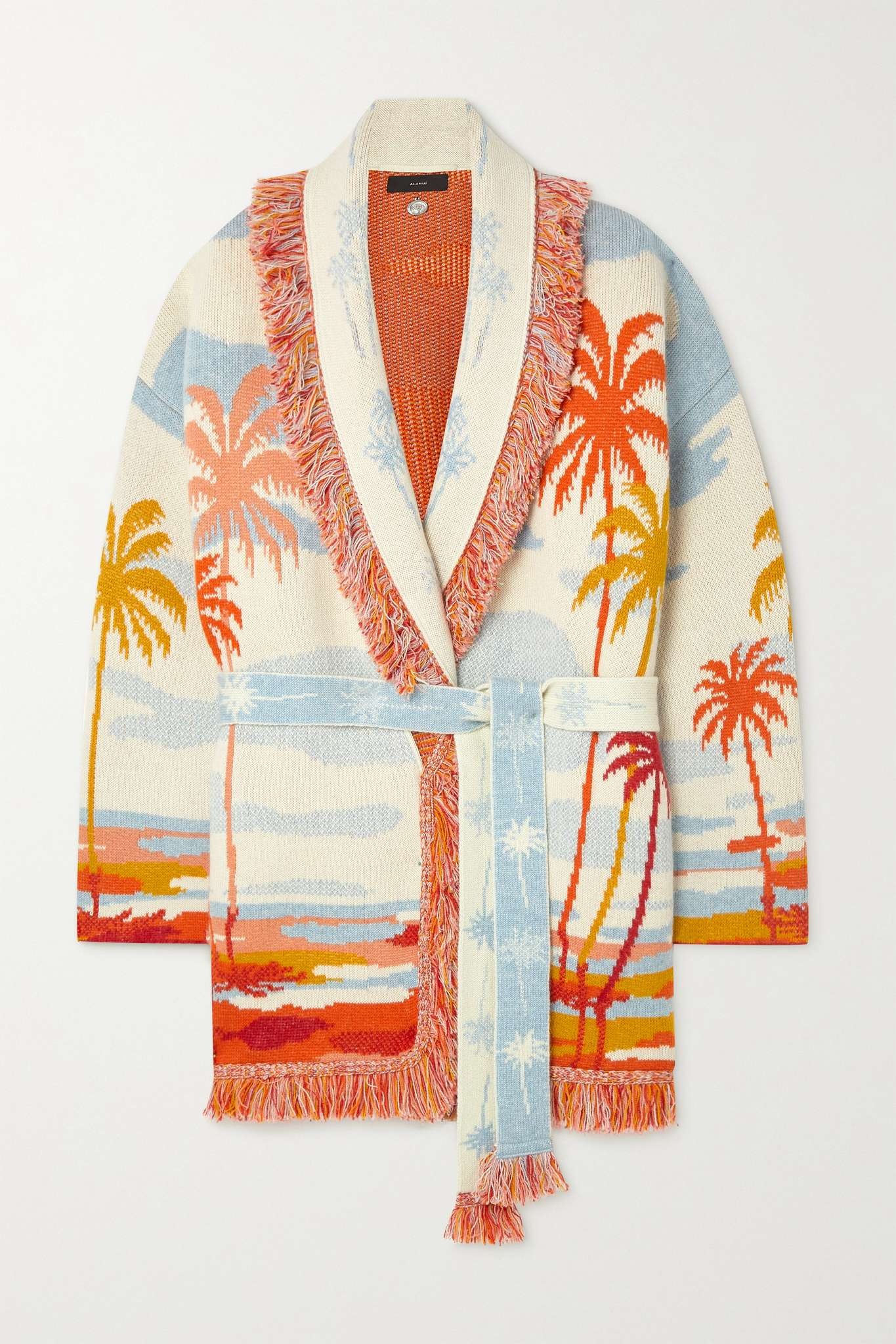 Riding the Waves Icon belted fringed jacquard-knit cashmere and linen-blend cardigan - 1