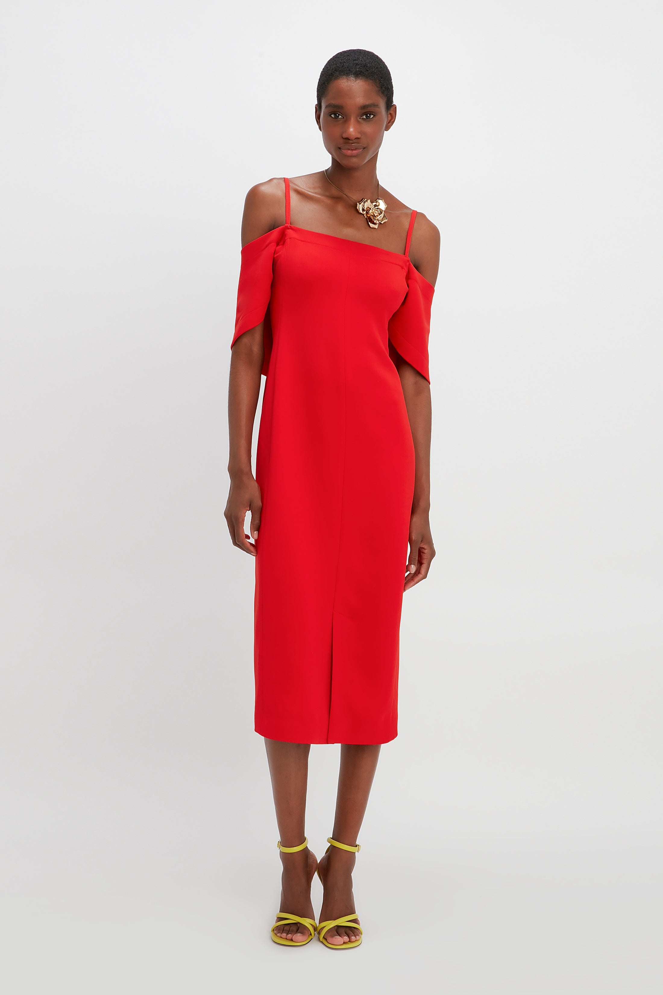 Off Shoulder Bandeau Dress in Tomato Red - 5