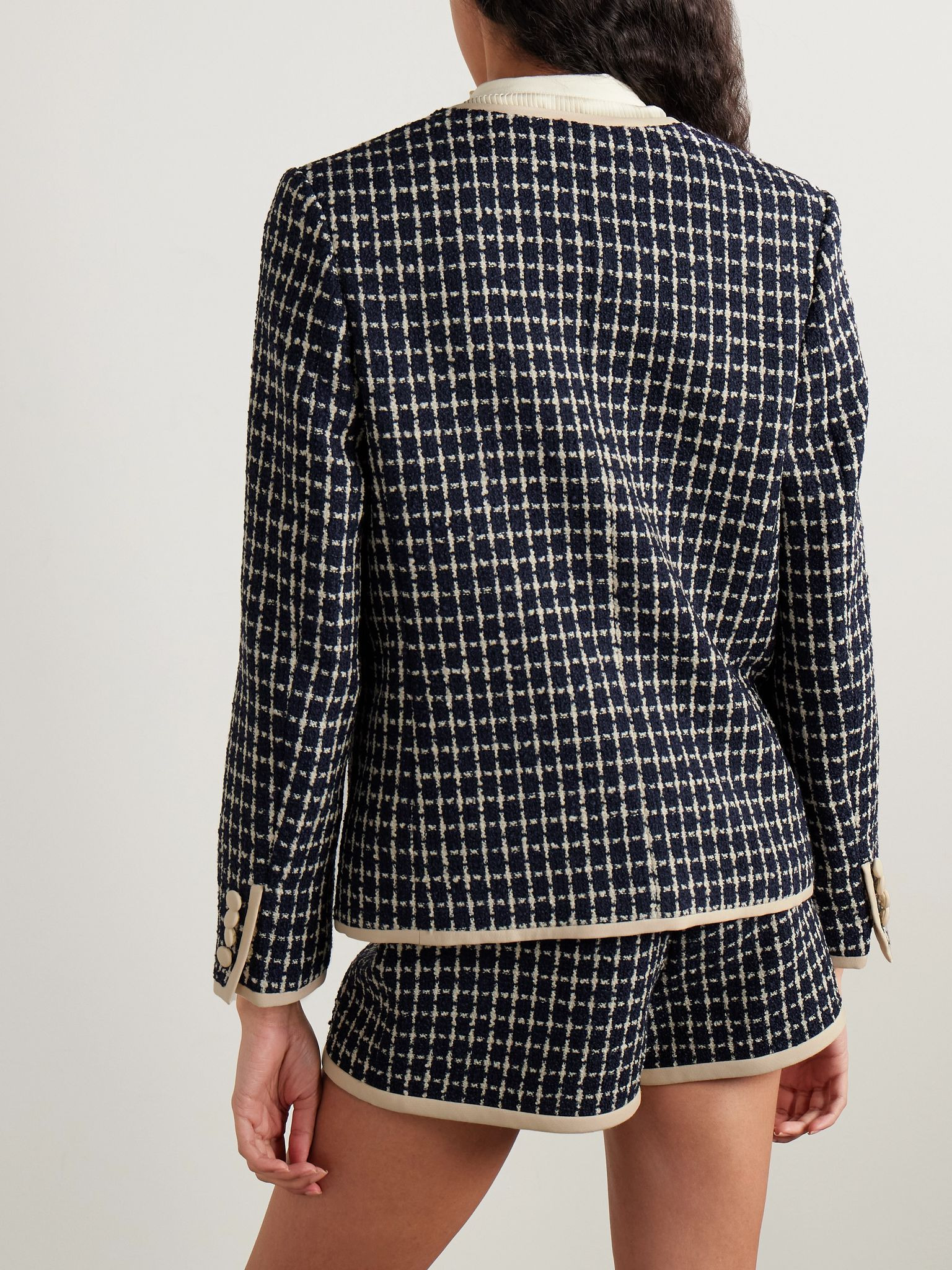 Crepe-trimmed checked wool-blend tweed jacket Navy - 4