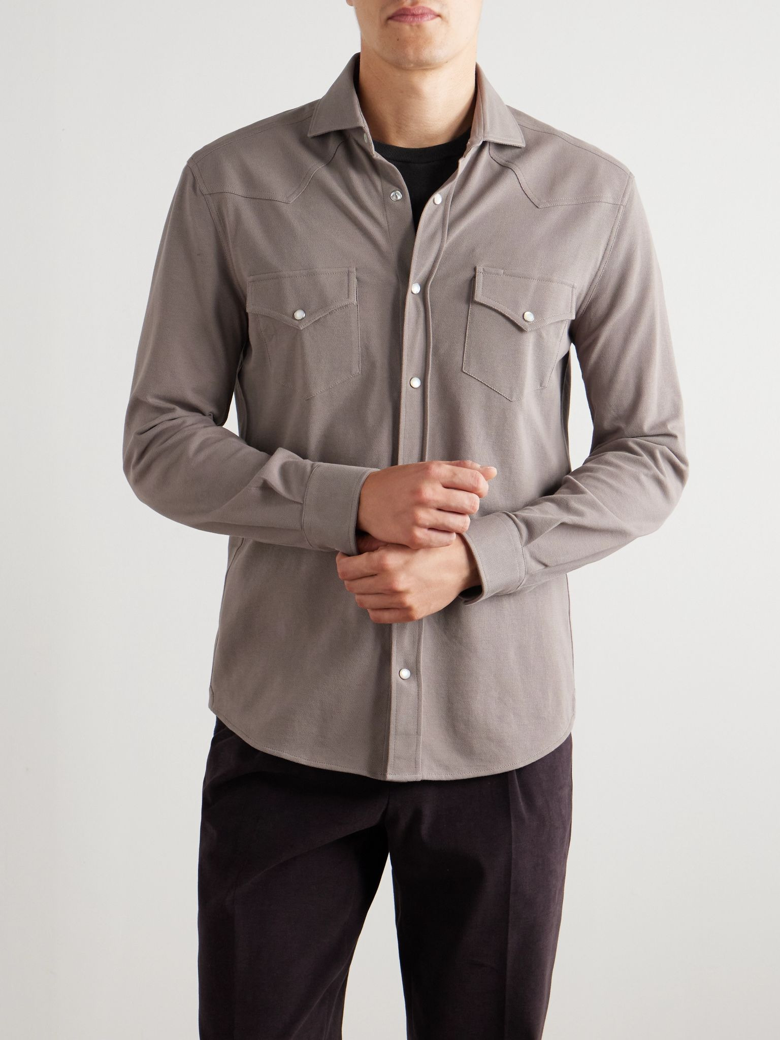Slim-Fit Cotton-Piqué Western Shirt Beige - 3
