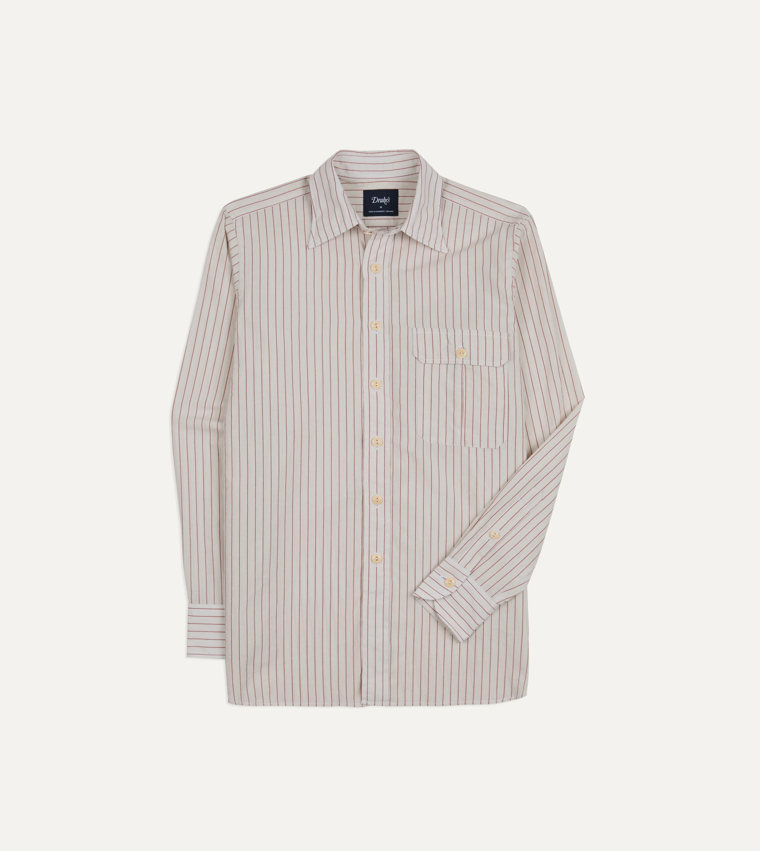 Ecru and Red Pencil Stripe Linen-Cotton Long Point Collar Shirt - 1