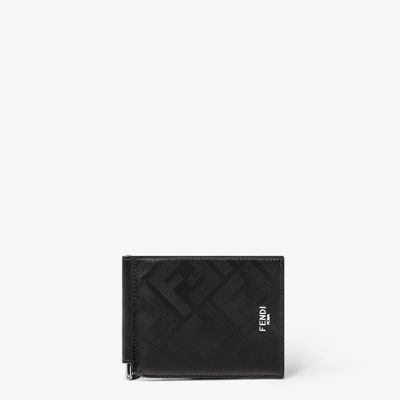 Flip-cover money clip with interior organized into six card slots. Made of black leather with emboss 1