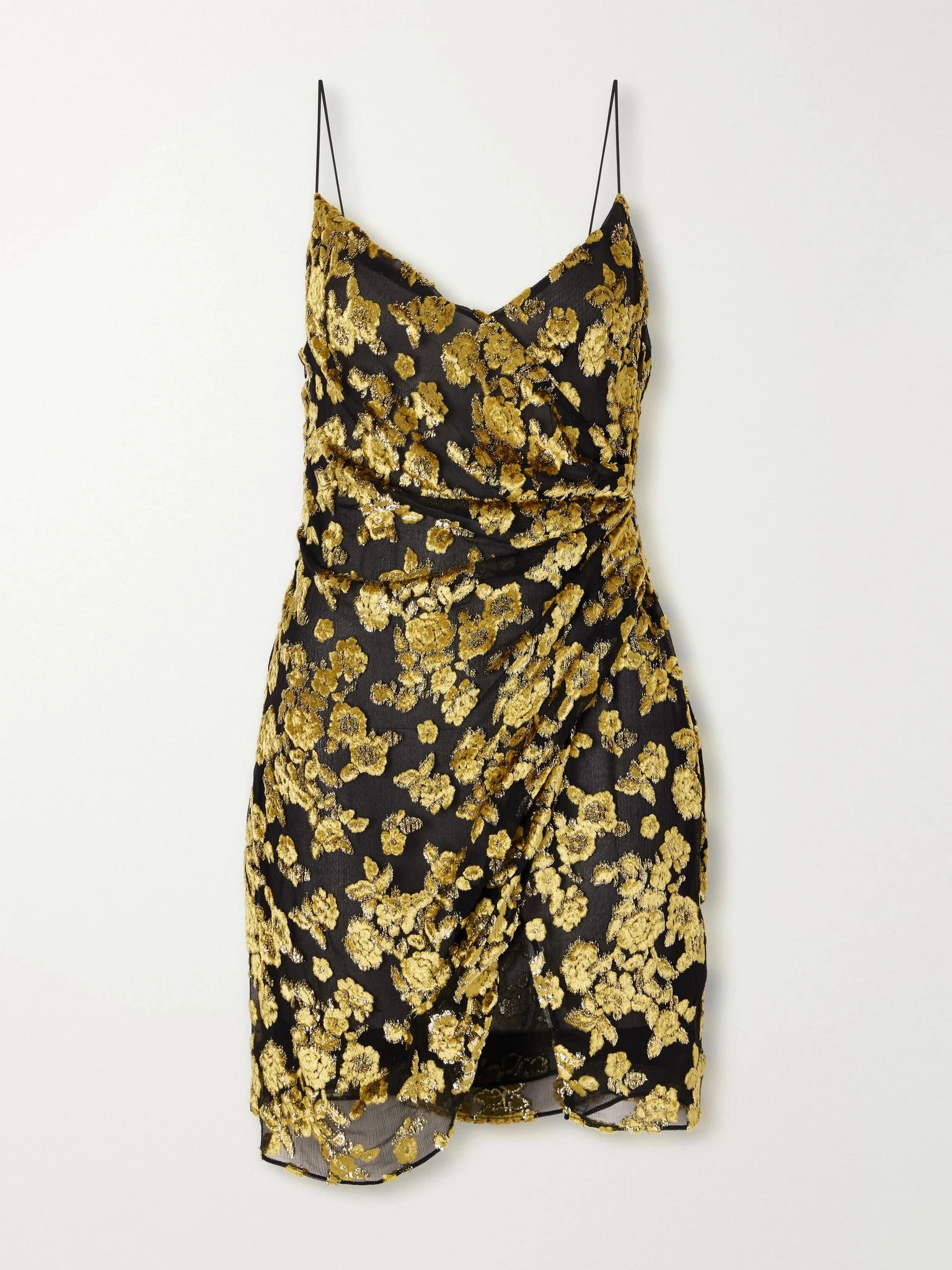 Gathered velvet-jacquard mini dress Gold - 1