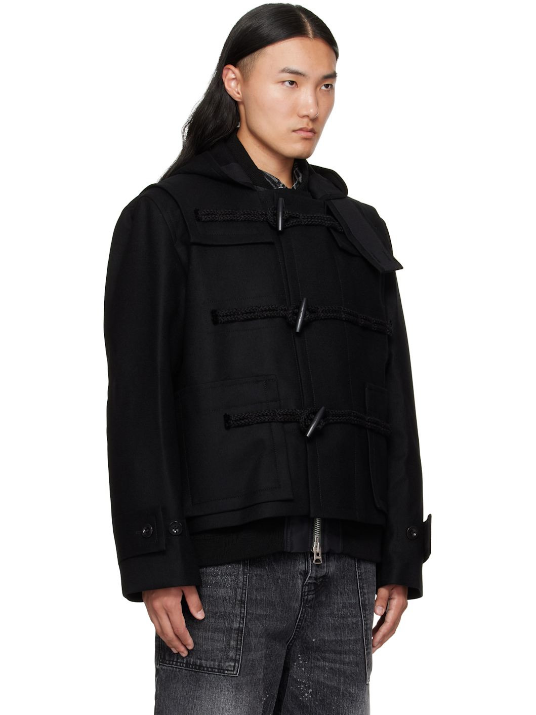 Black Wool Melton Bomber Jacket - 2