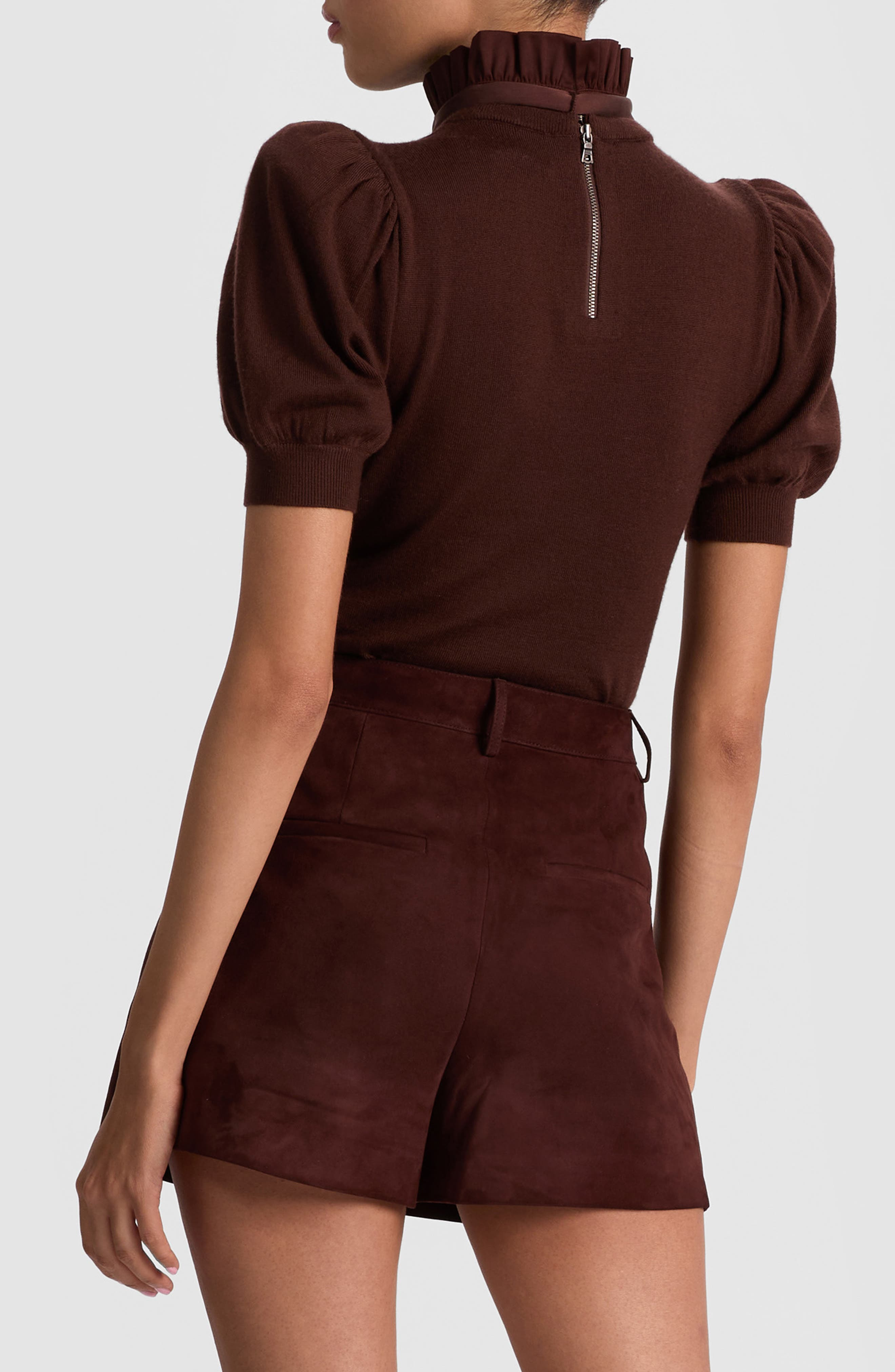 Alice + Olivia Chase Ruffle Tie Neck Stretch Wool Sweater in Dark Chocolate at Nordstrom - 2