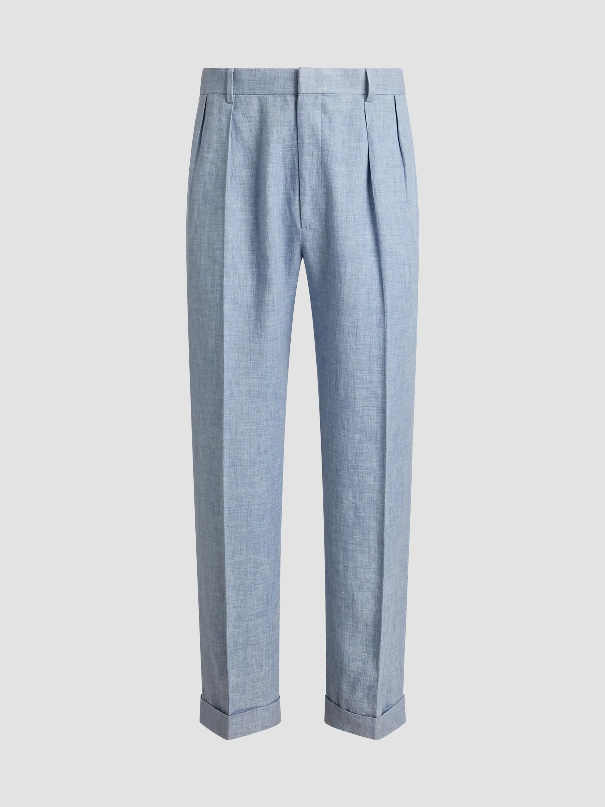 Men's Pleated Linen-Blend Trousers - Winward Blue - 1