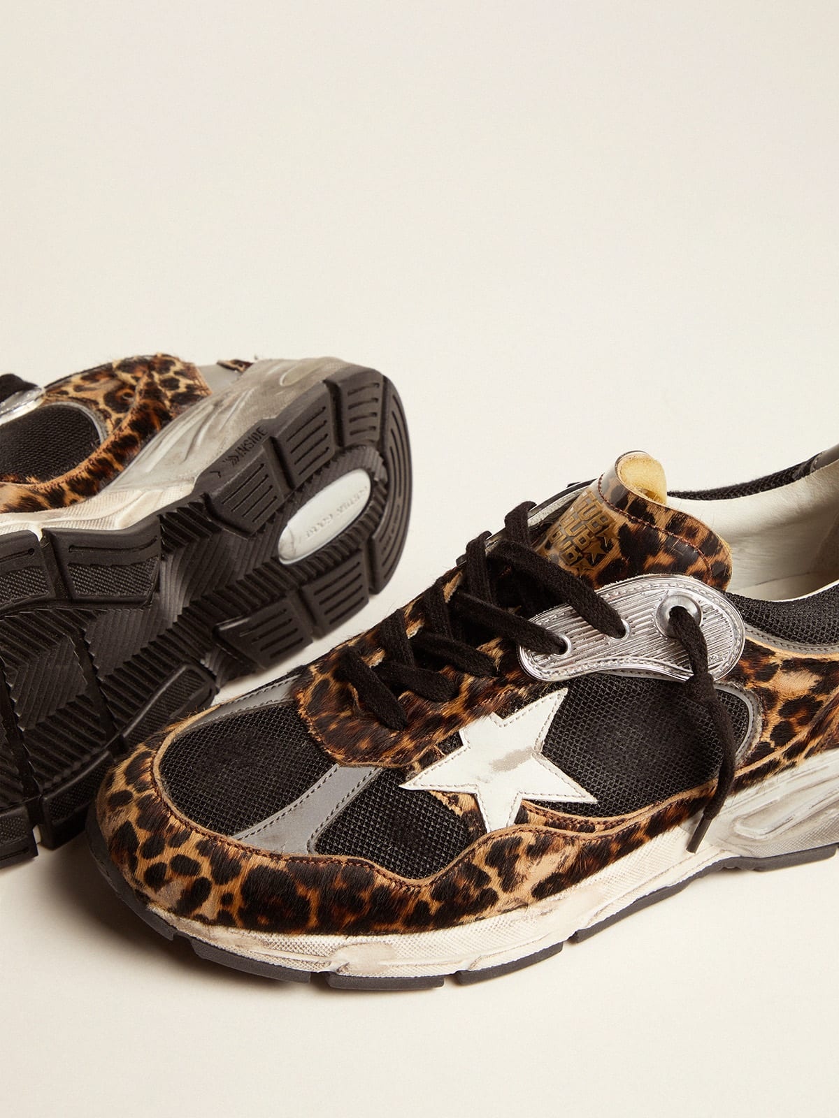 Golden Goose Women\'s Dad-Star sneakers in leopard-print pony skin |  REVERSIBLE