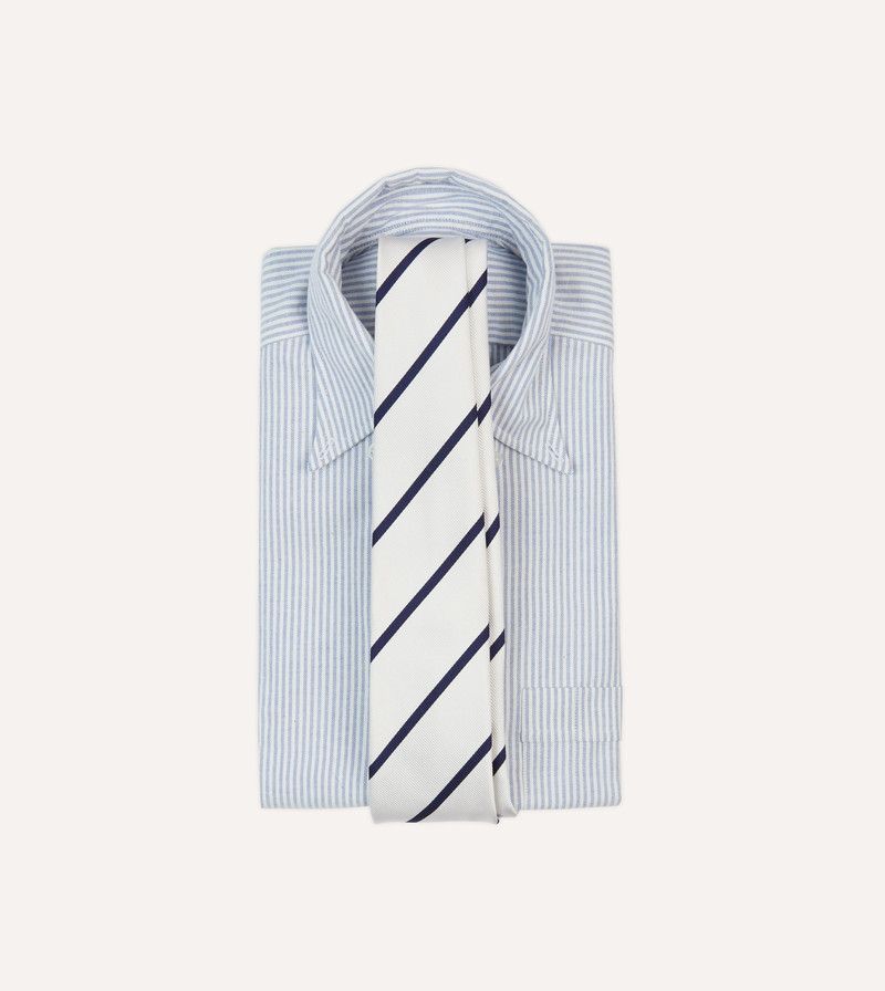 Drake's White and Navy Bar Stripe Repp Silk Tipped Tie outlook