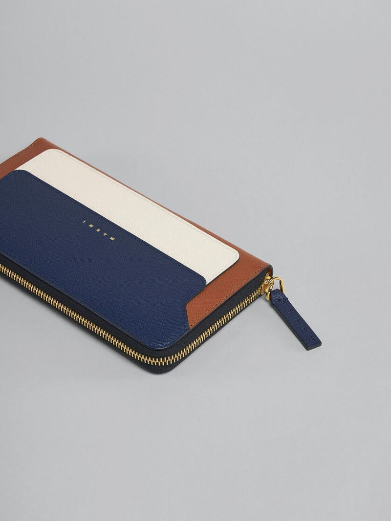 Marni BLUE WHITE AND BROWN SAFFIANO LEATHER ZIP-AROUND WALLET outlook