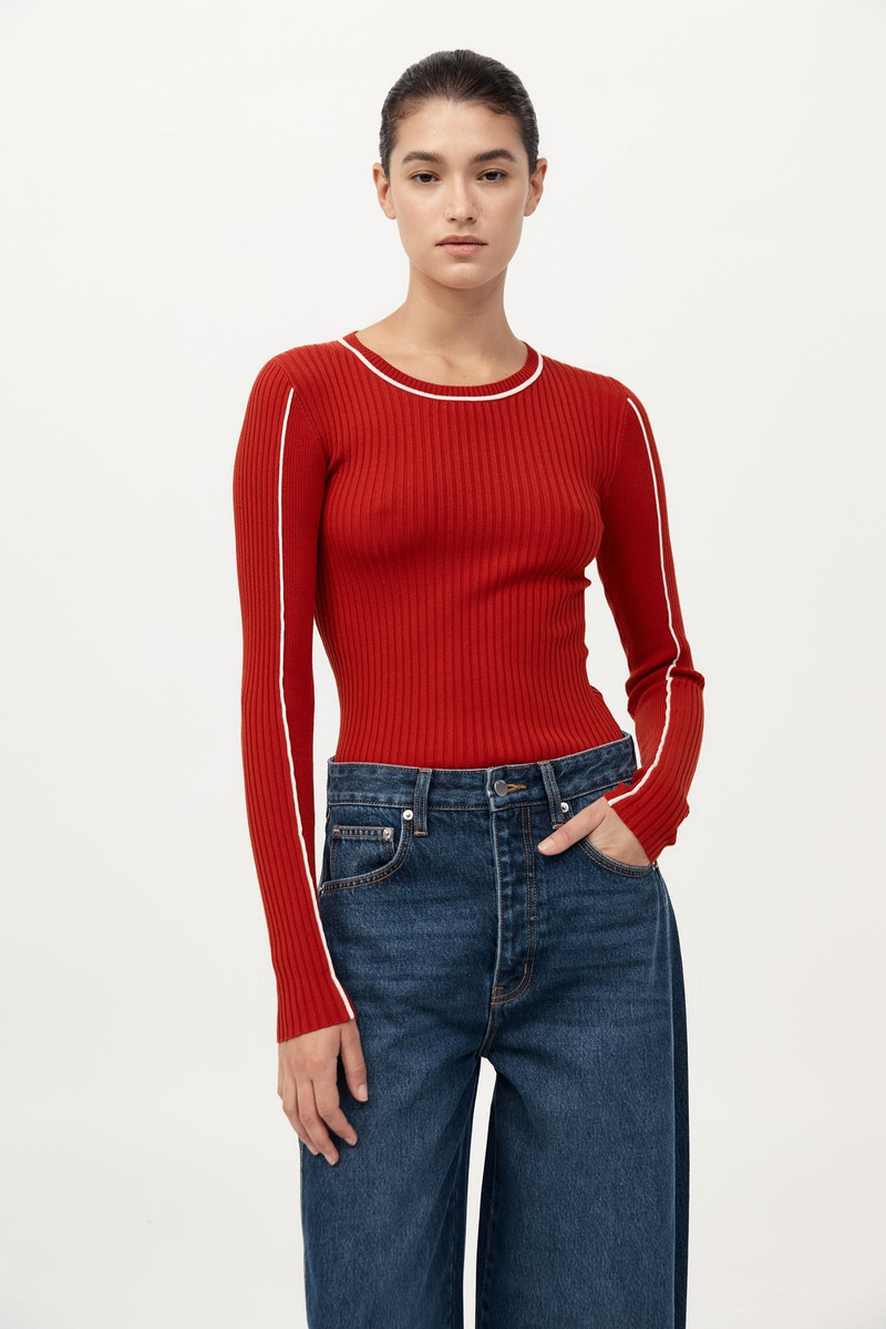 Fine Line Long Sleeve Top - Red / Off White 4
