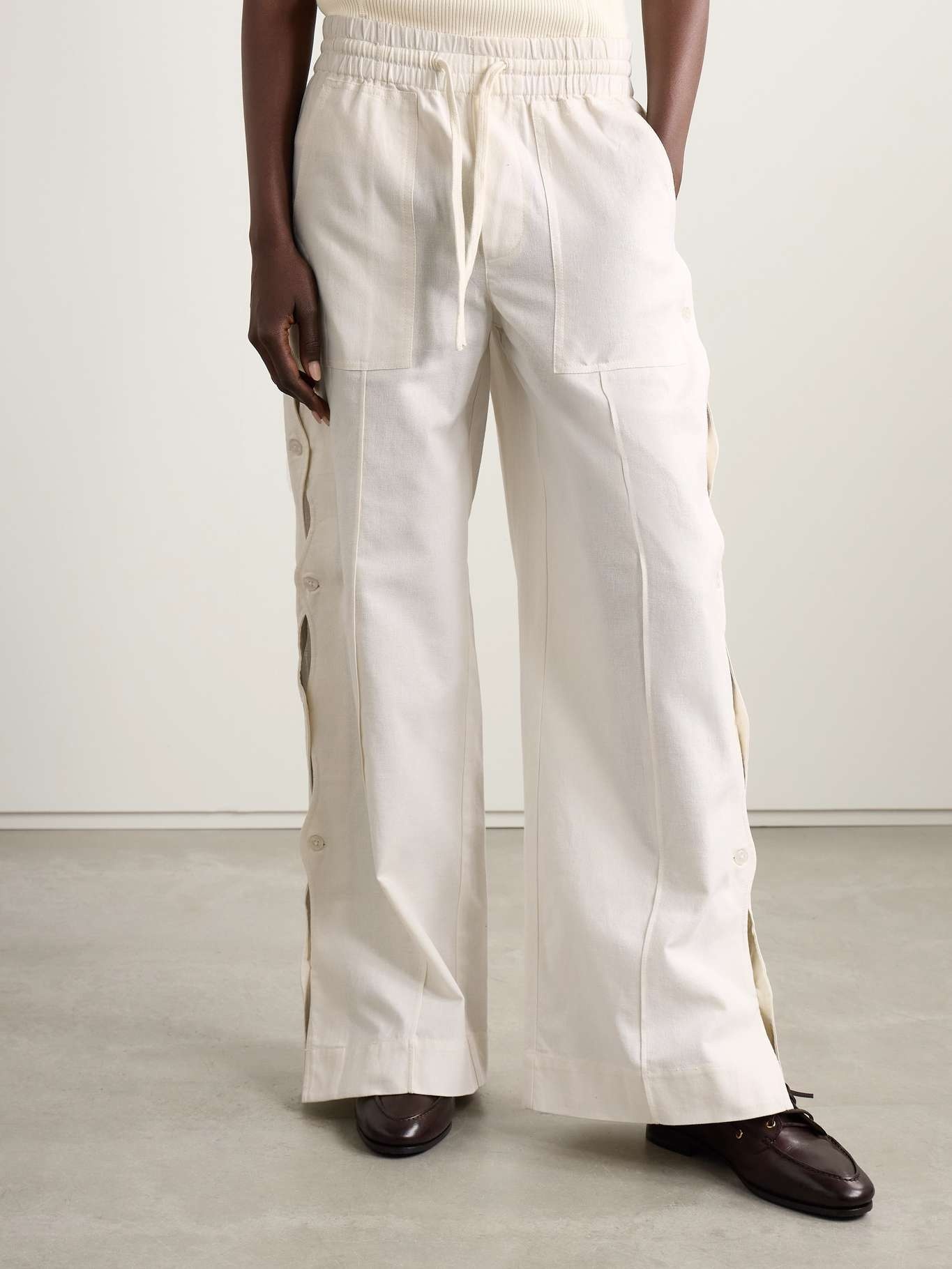 Shai cutout button-detailed cotton and linen-blend wide-leg pants Ivory - 3