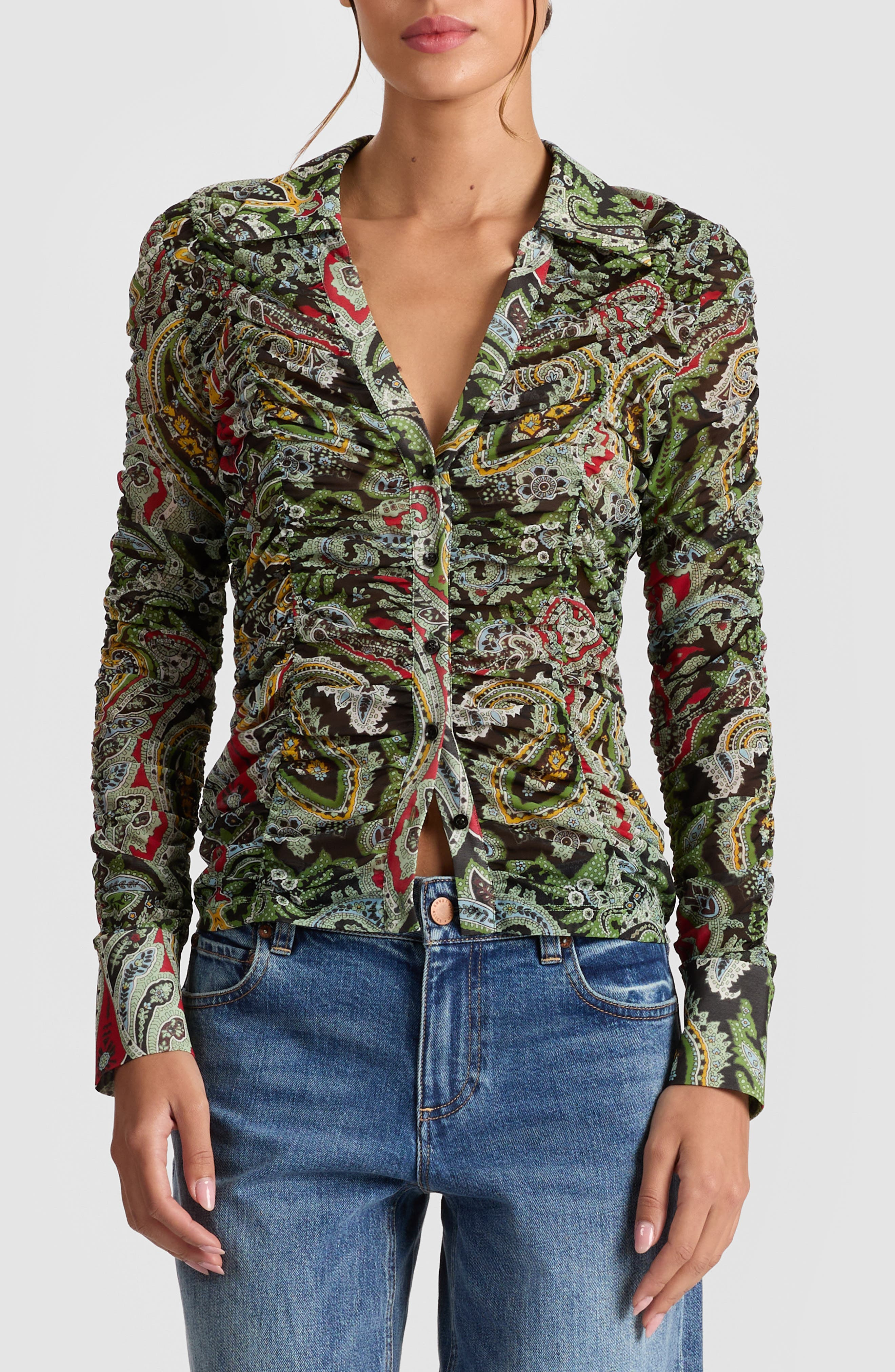 Alice + Olivia Portia Paisley Center Ruched Button-Up Shirt in Paisley Poem at Nordstrom - 1