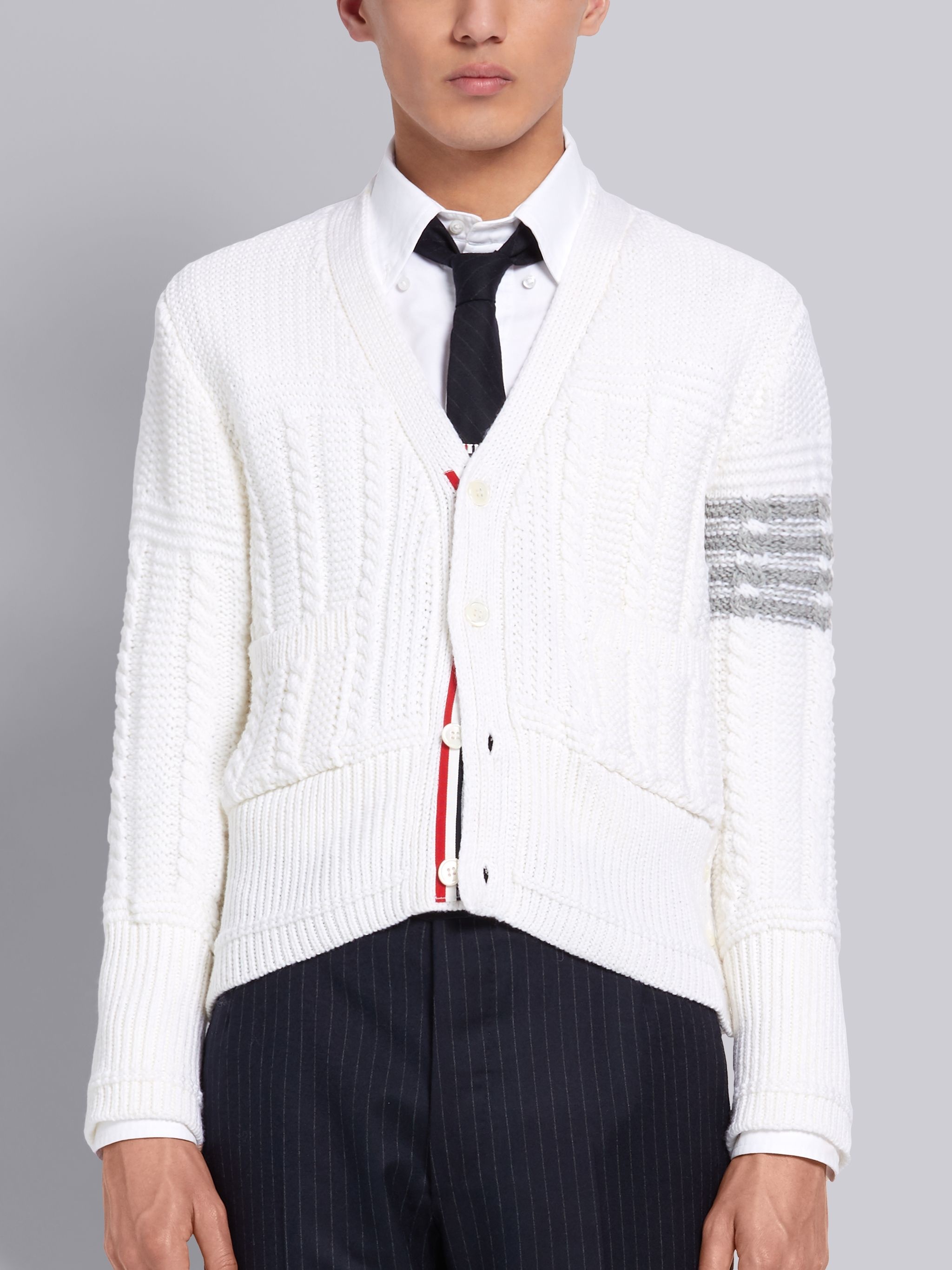 White Fine Merino Wool Aran Cable V-neck 4-Bar Cardigan - 1