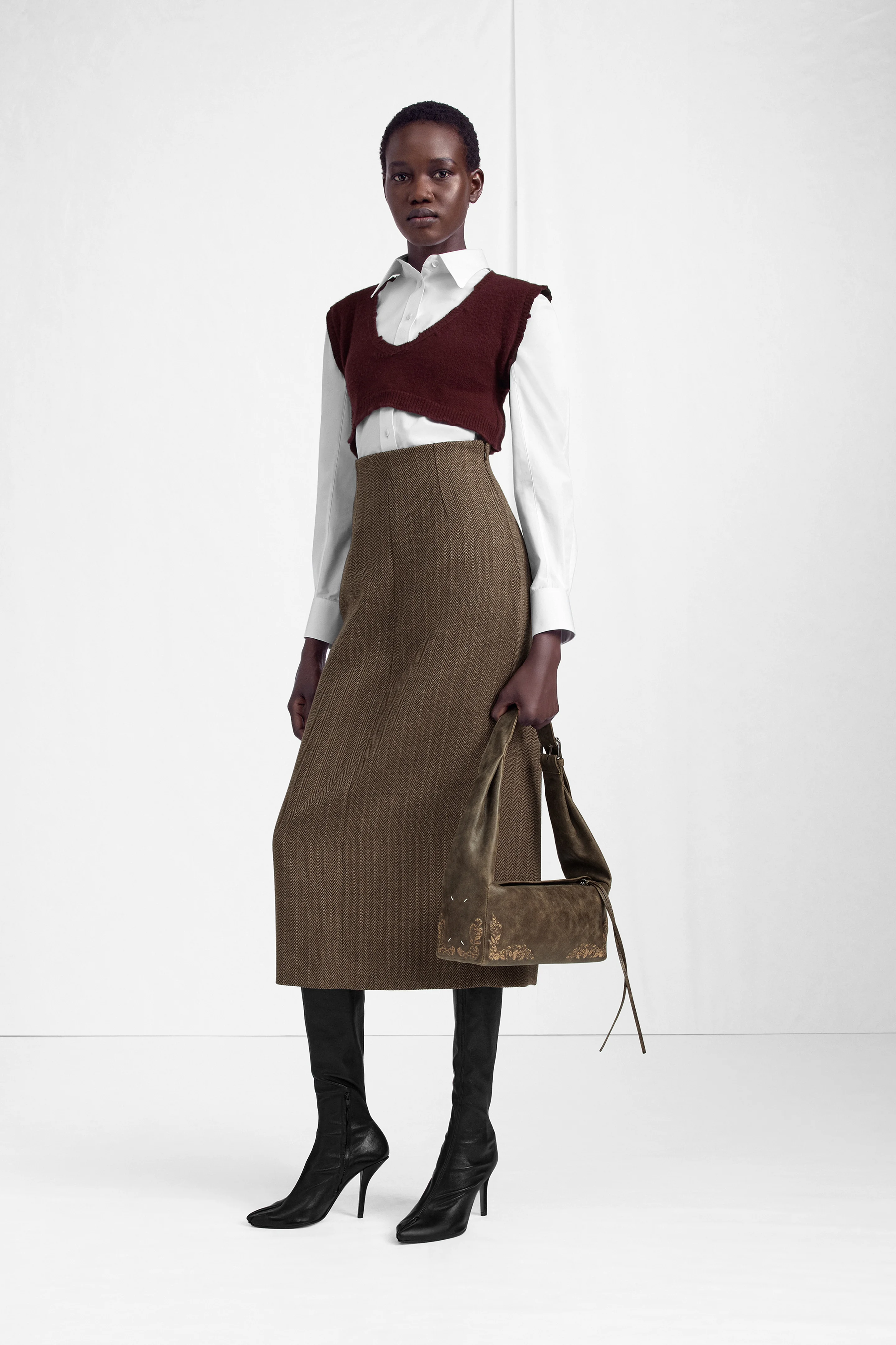 Herringbone Virgin Wool Midi Skirt - 1