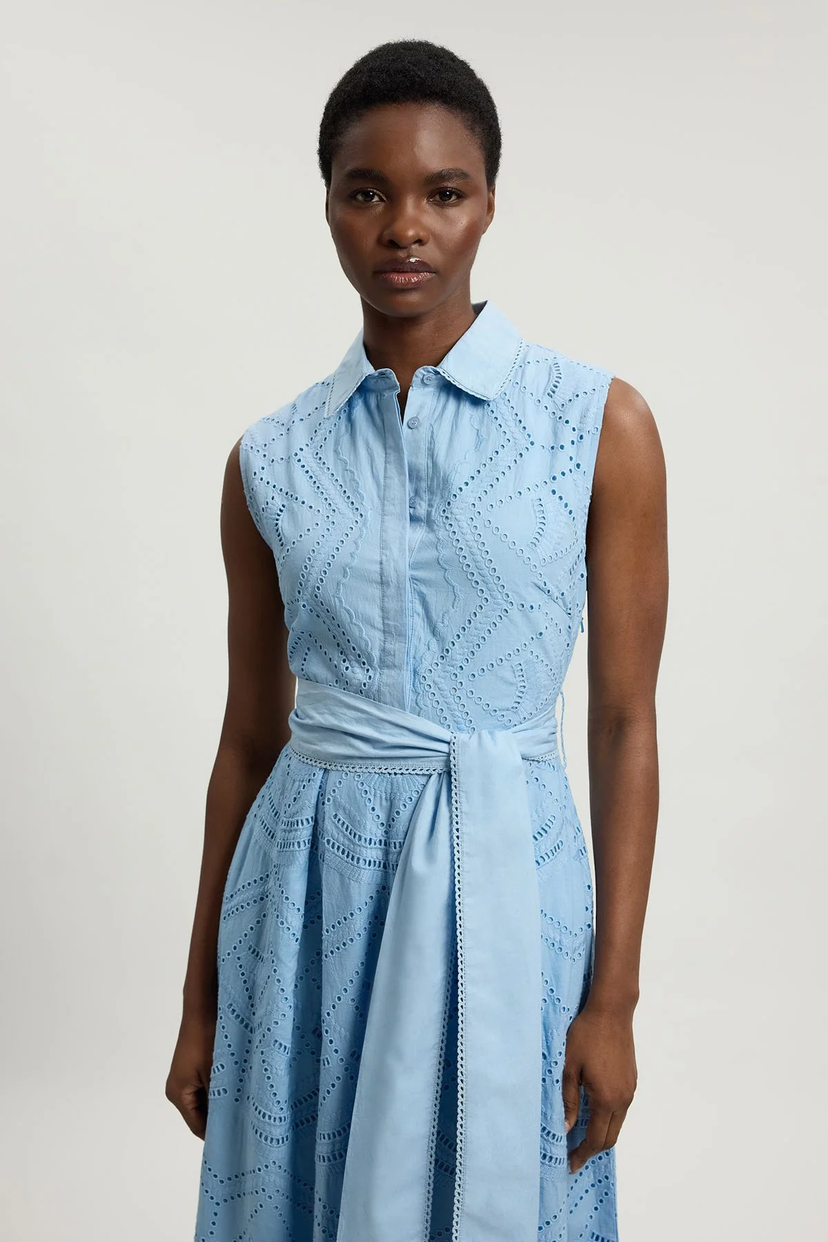 Cotton Broderie Scalloped Hem Sleeveless Shirt Dress - 1