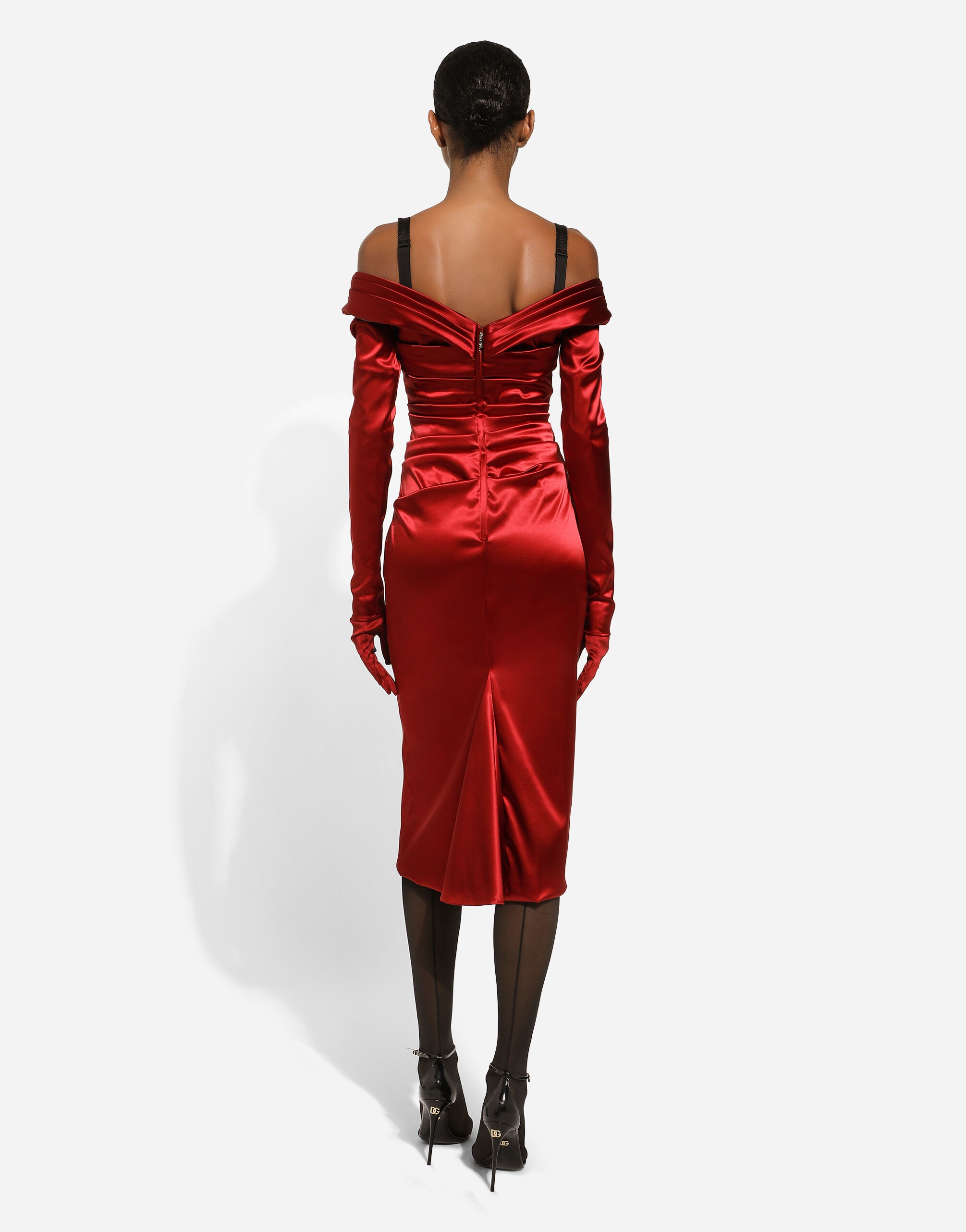 Satin draped calf-length dress - 4