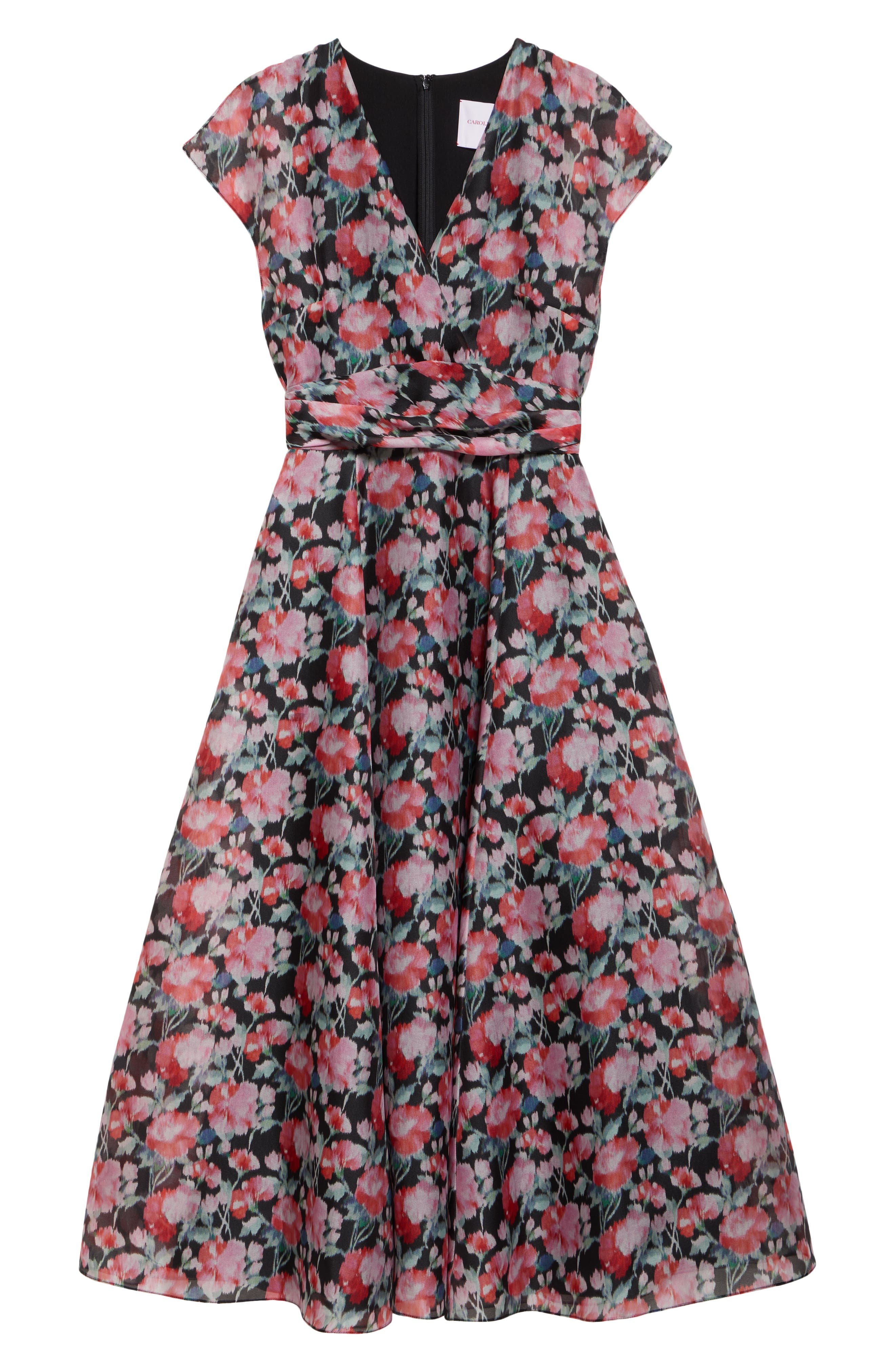 Carolina Herrera Peony Print Cap Sleeve Silk Organza Midi Dress in Pink Multi at Nordstrom - 6