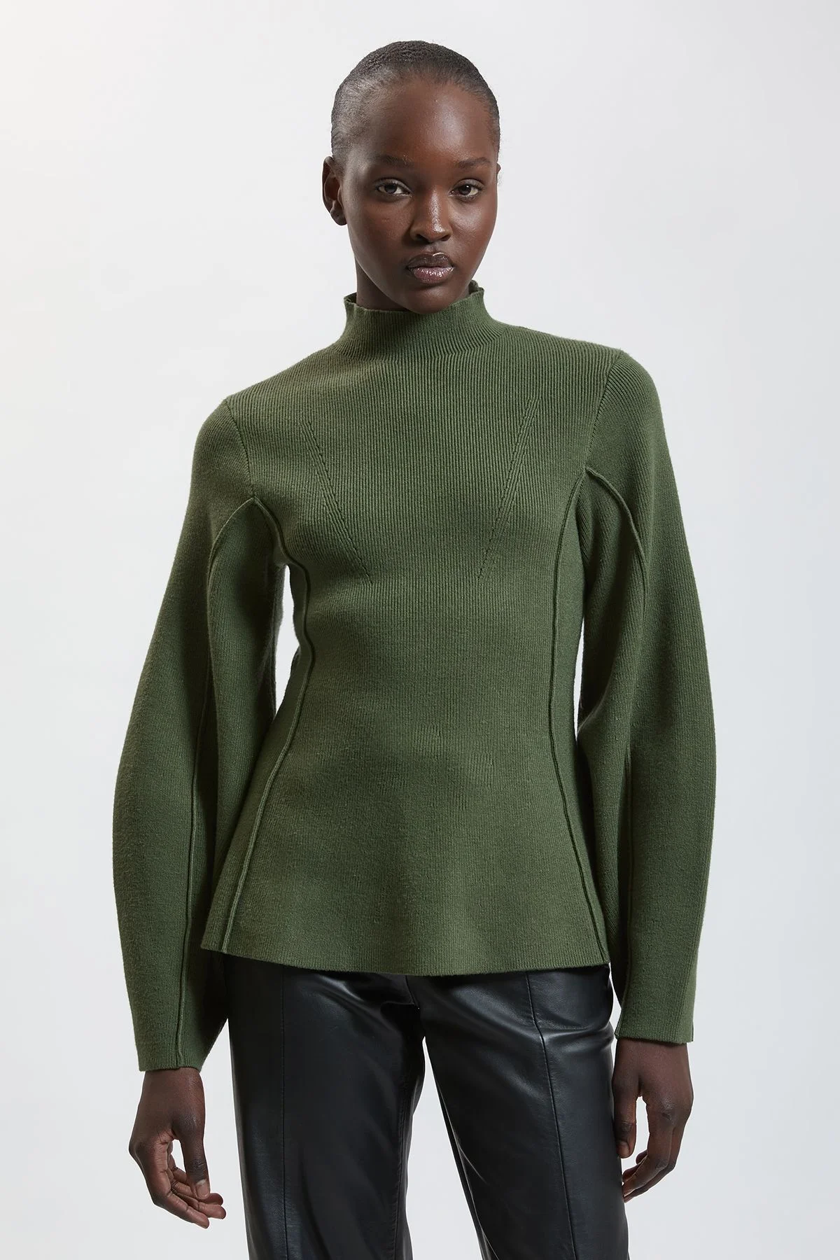 Knit Wool Look Rounded Sleeve High Neck Jumper - 1