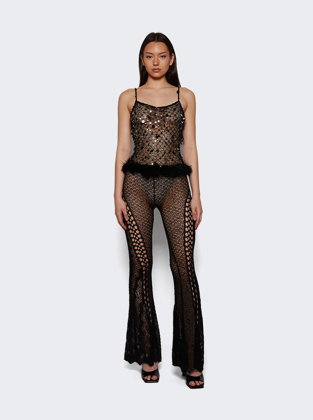 Embellished Fishnet Top With Feathers Black - 5
