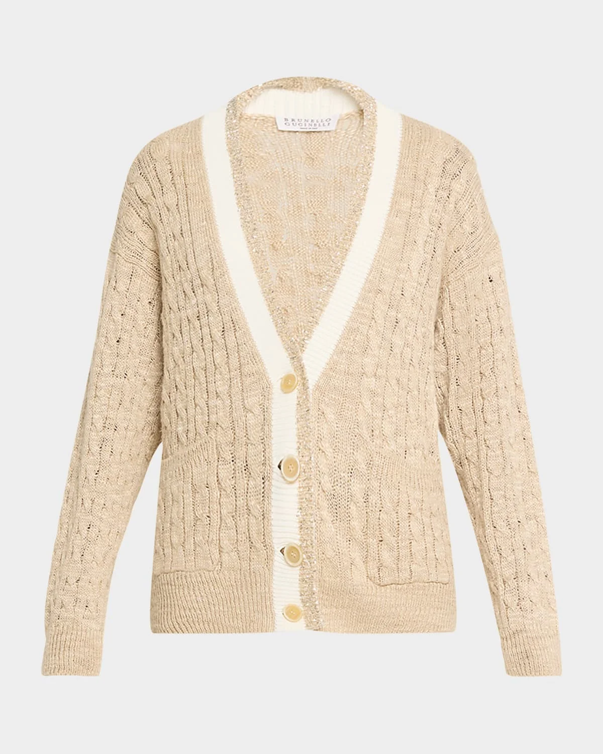 Paillette V-Neck Cable-Knit Cardigan - 1