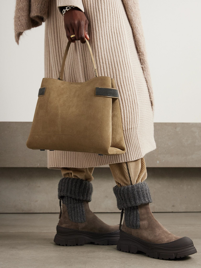 Brunello Cucinelli Bead-embellished suede shoulder bag Brown outlook