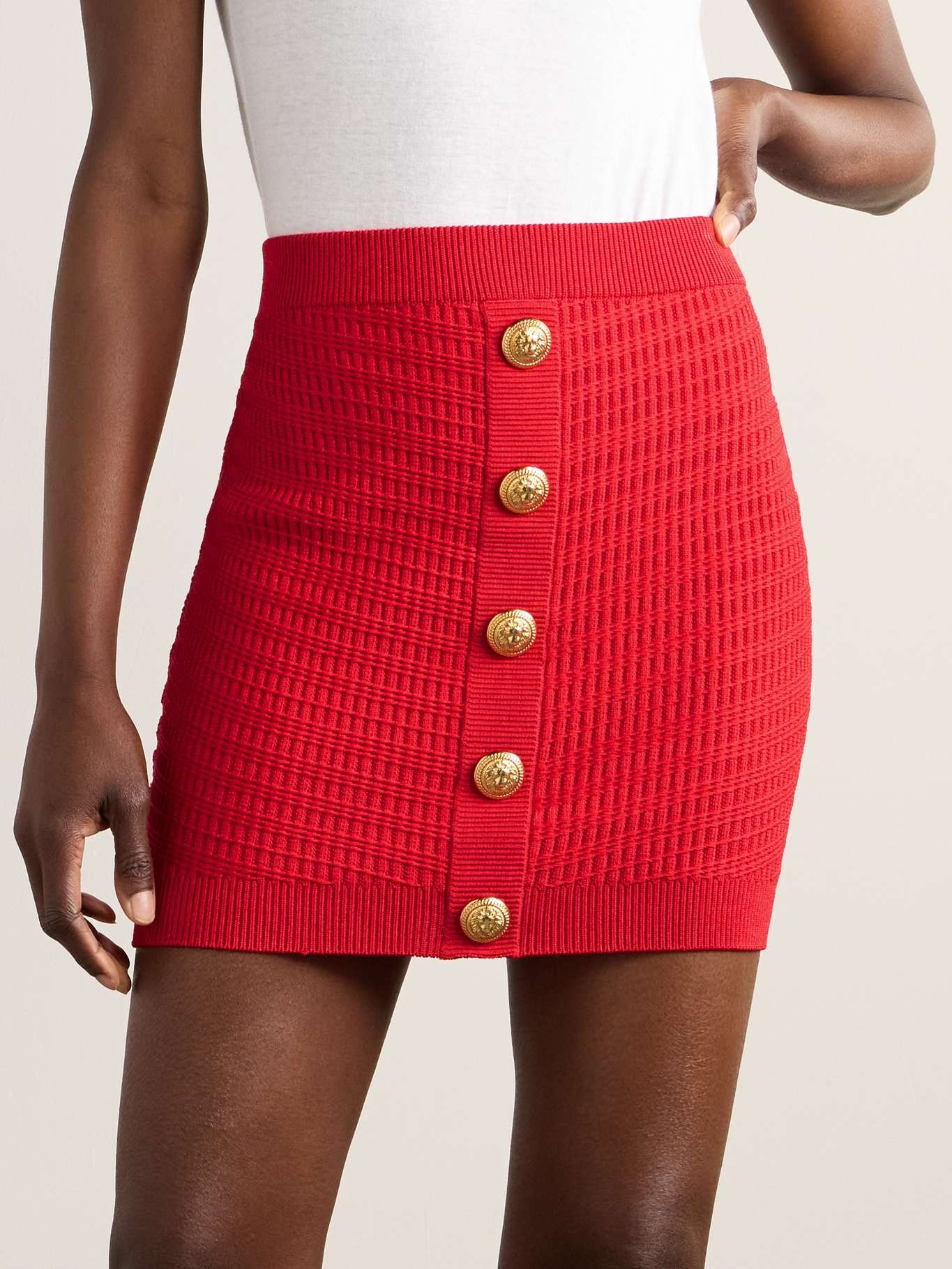 Button-embellished ribbed-knit mini skirt Red - 3