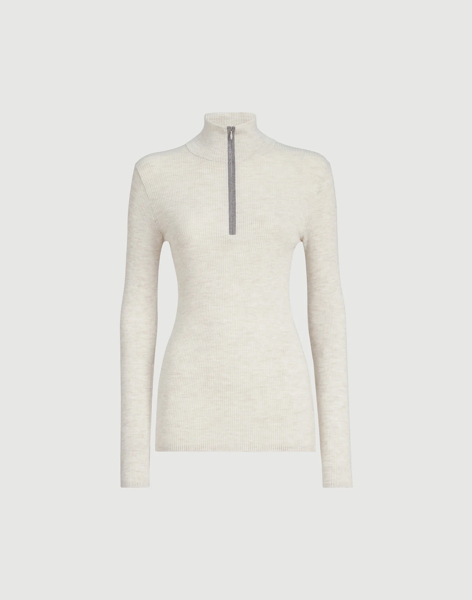 Virgin wool and cashmere lightweight ribbed turtleneck sweater with precious half zip - 1