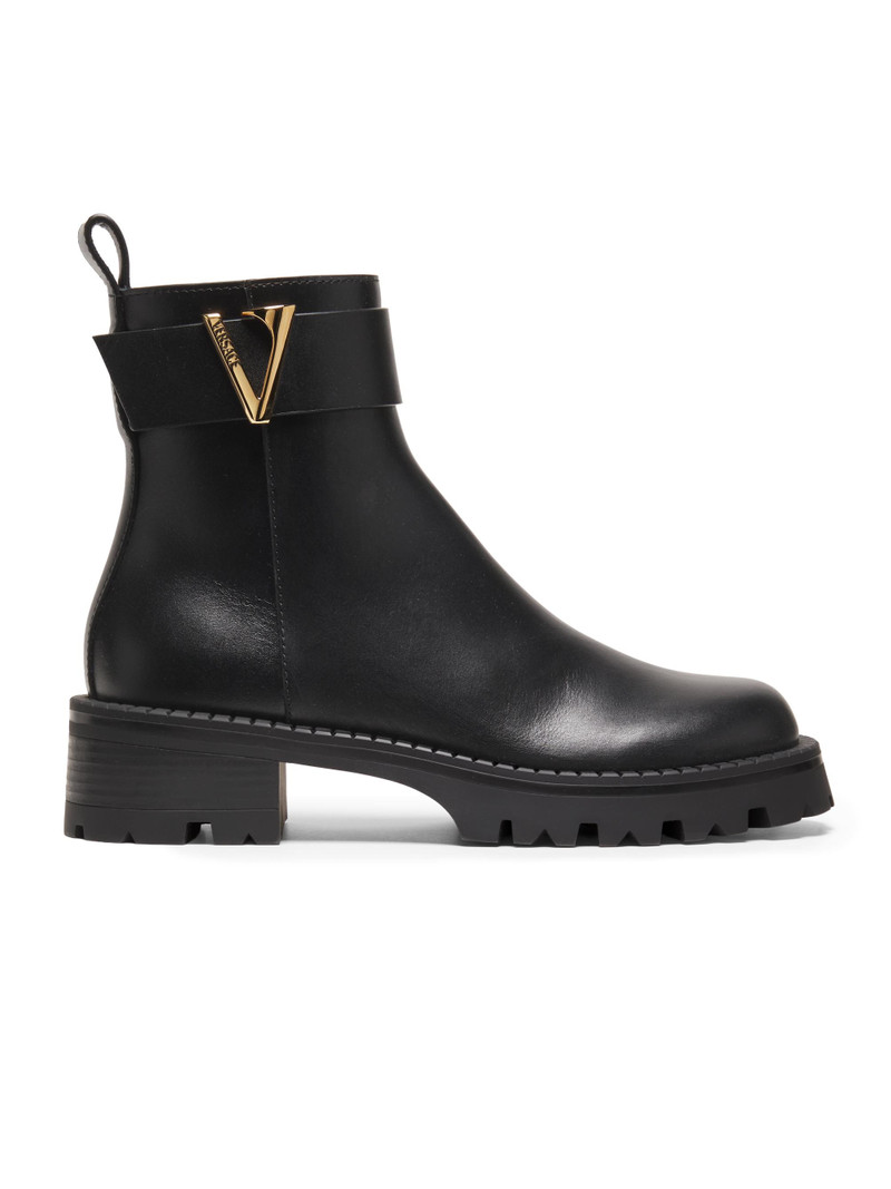 Women's V-Logo Leather Ankle Booties - Black Versace Gold Palladium 1