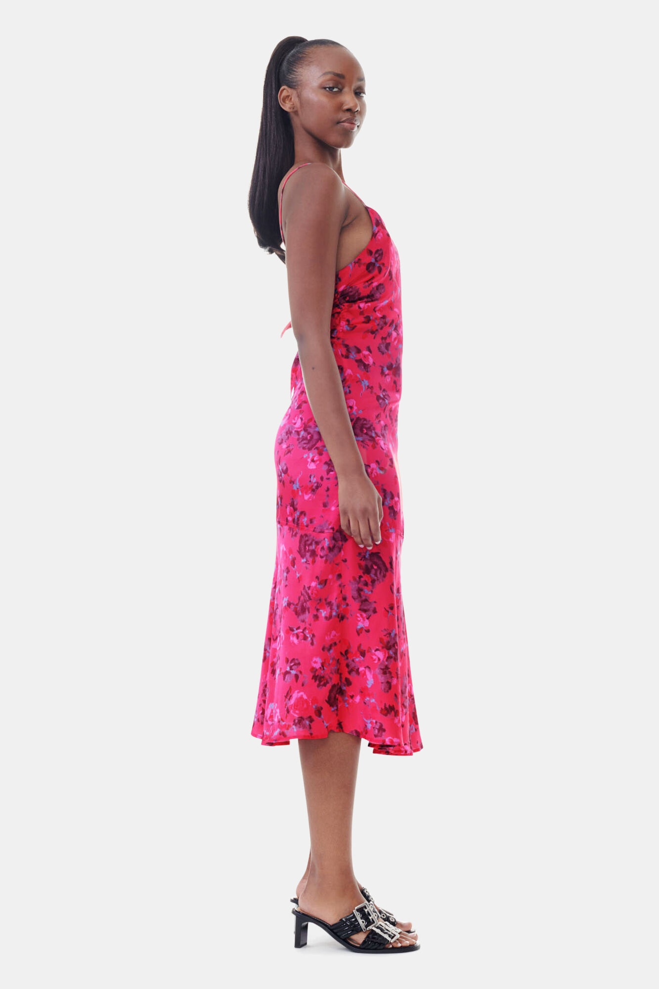 PINK FLORAL PRINTED SATIN MIDI DRESS - 4