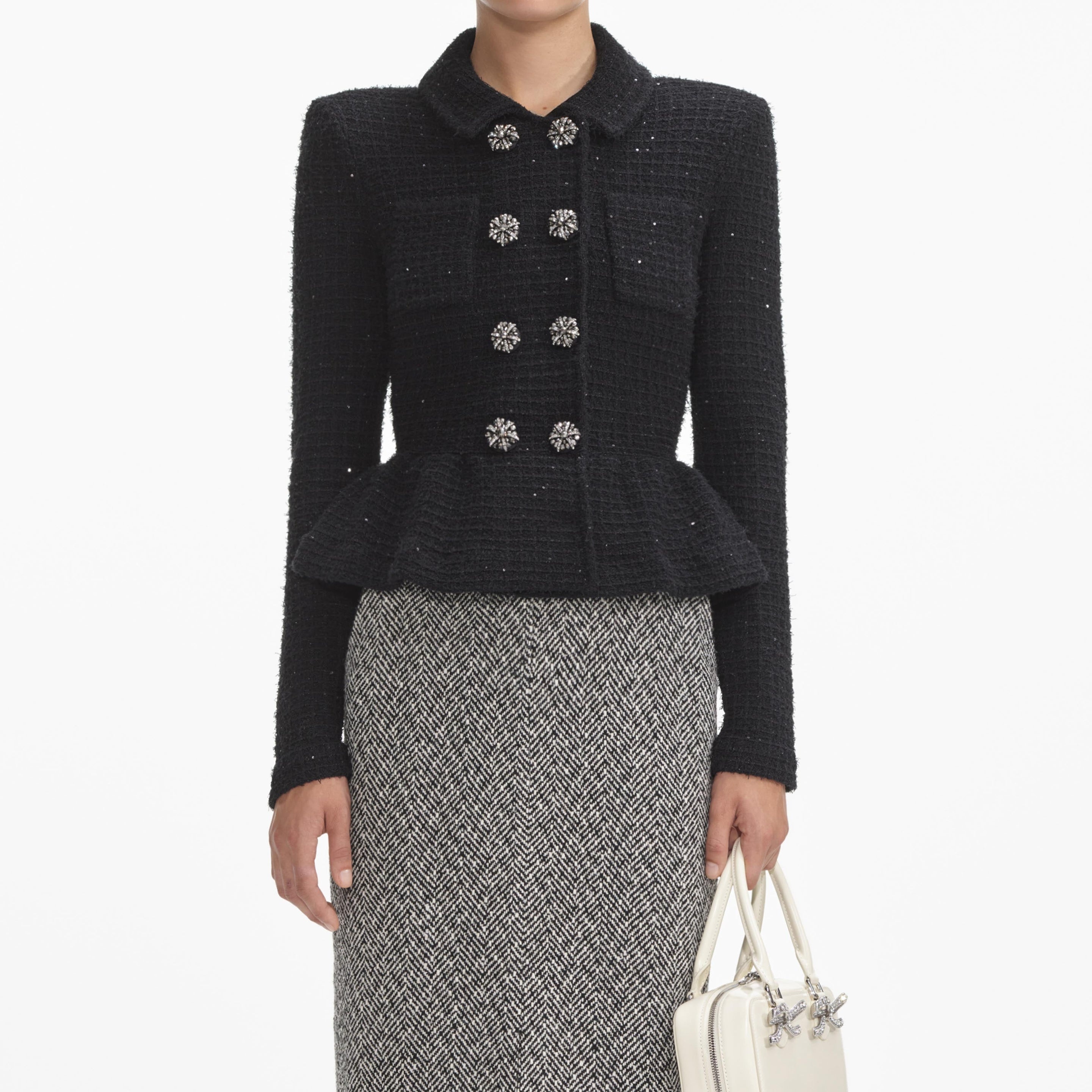 Black Textured Knit Peplum Jacket - 4