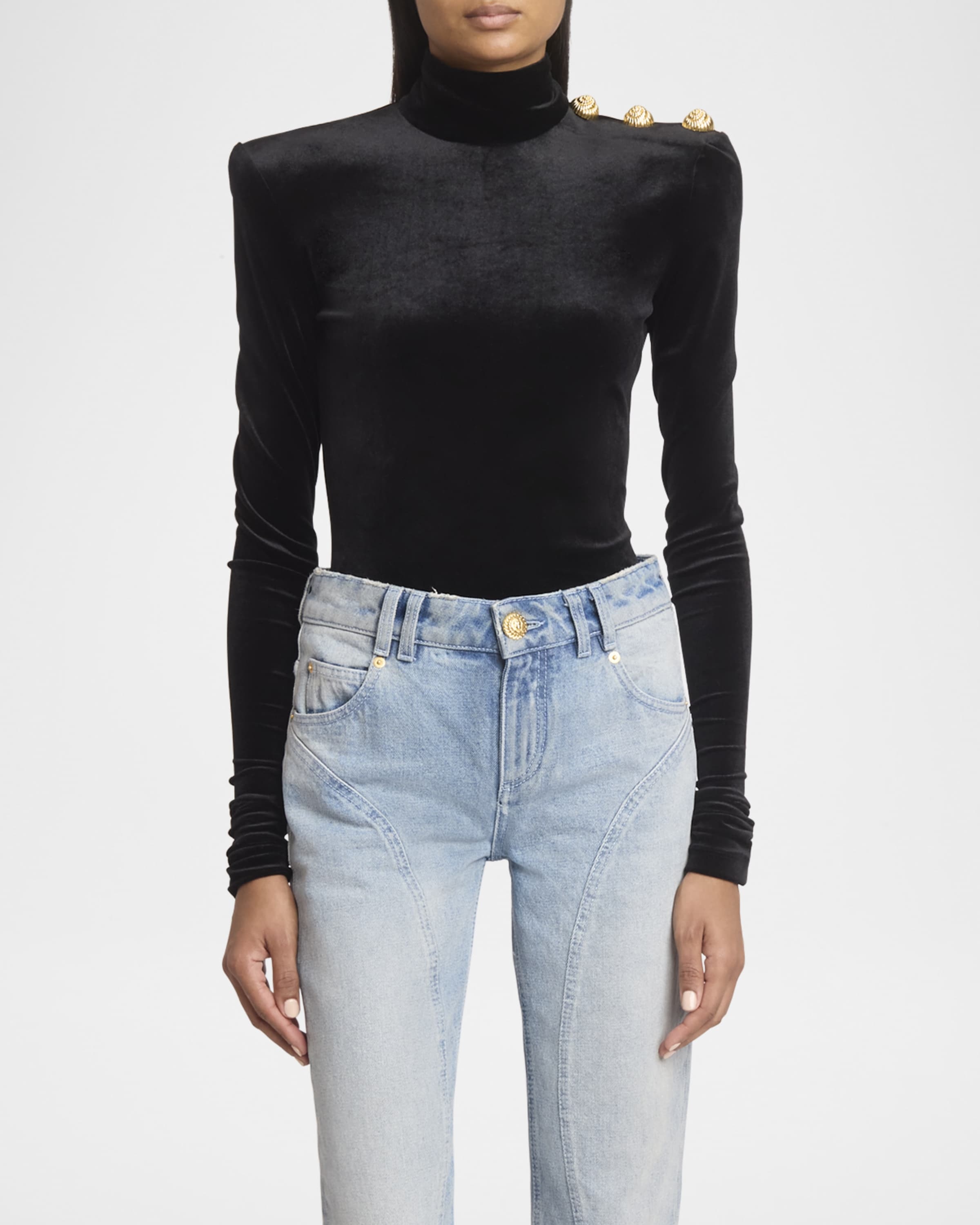 Buttoned High-Neck Velvet Top - 2