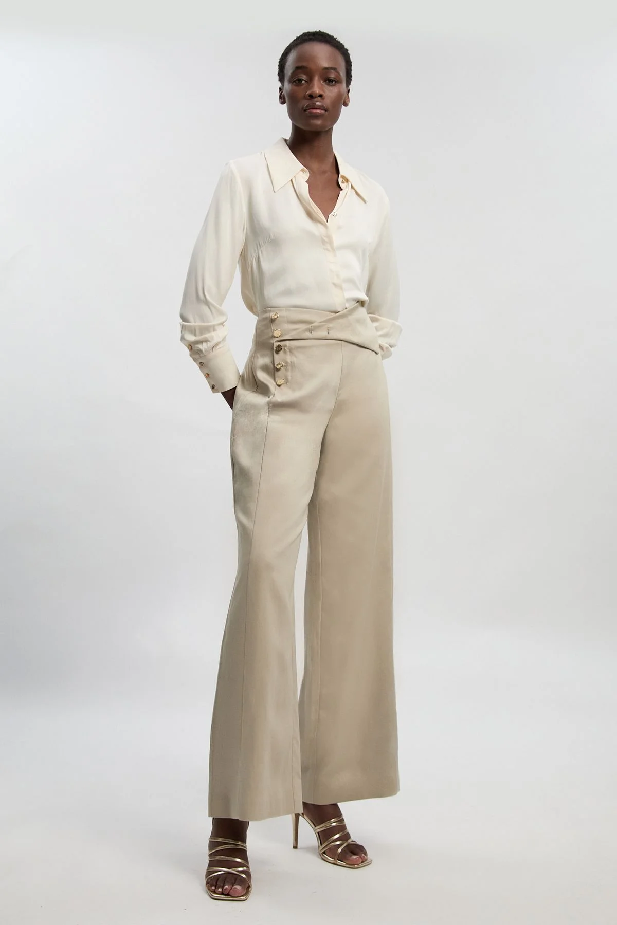 Tailored Linen Button Front Wide Leg Trouser - 1