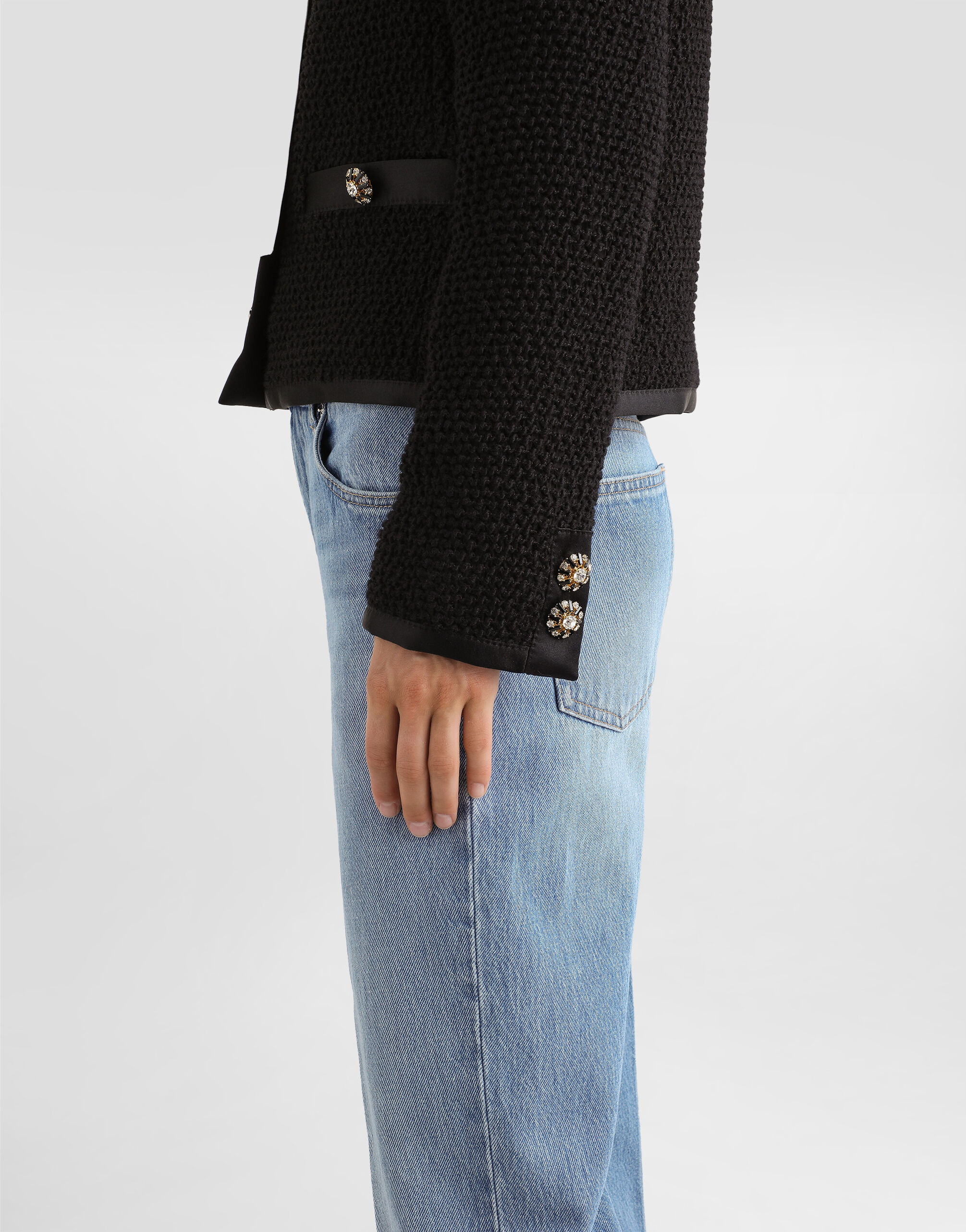 Cropped single-breasted bouclé tweed jacket with bejeweled buttons - 5