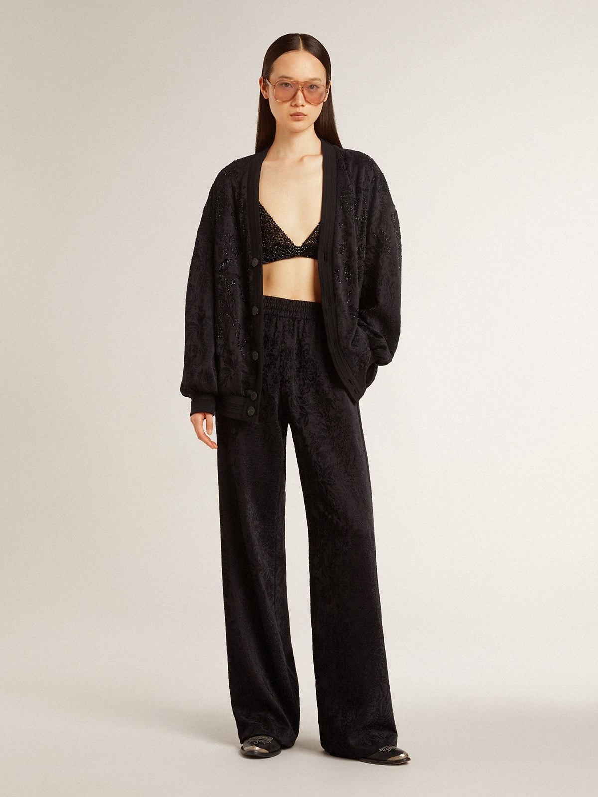 Women's black cardigan with tone-on-tone toile de jouy bead embroidery - 3
