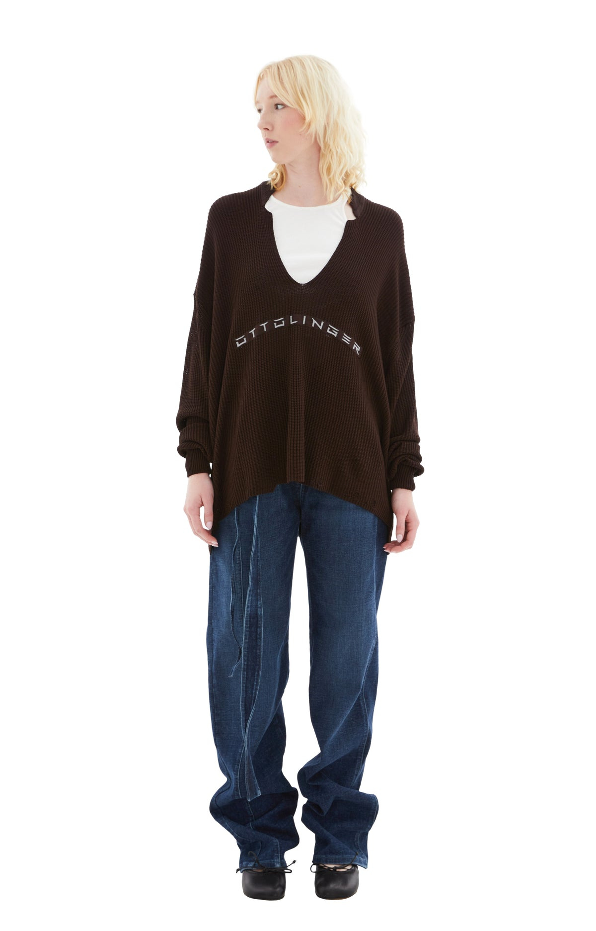 KNIT OPEN COLLAR SWEATER (BROWN) - 1