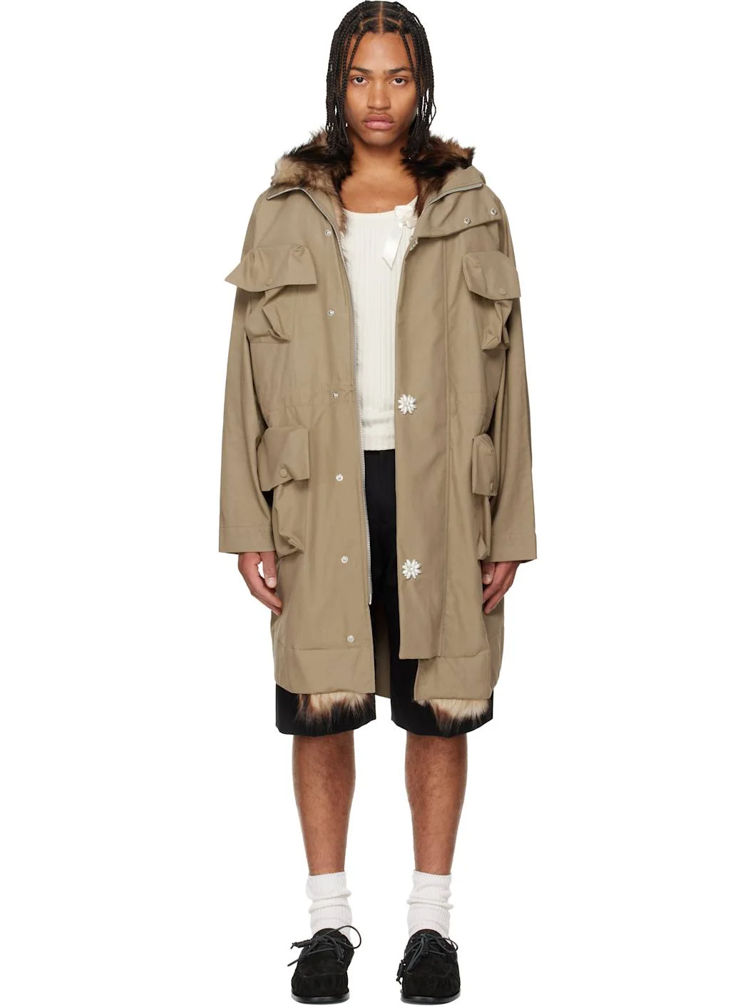 Khaki Multi Pocket Faux Fur Lined Parka Coat - 1
