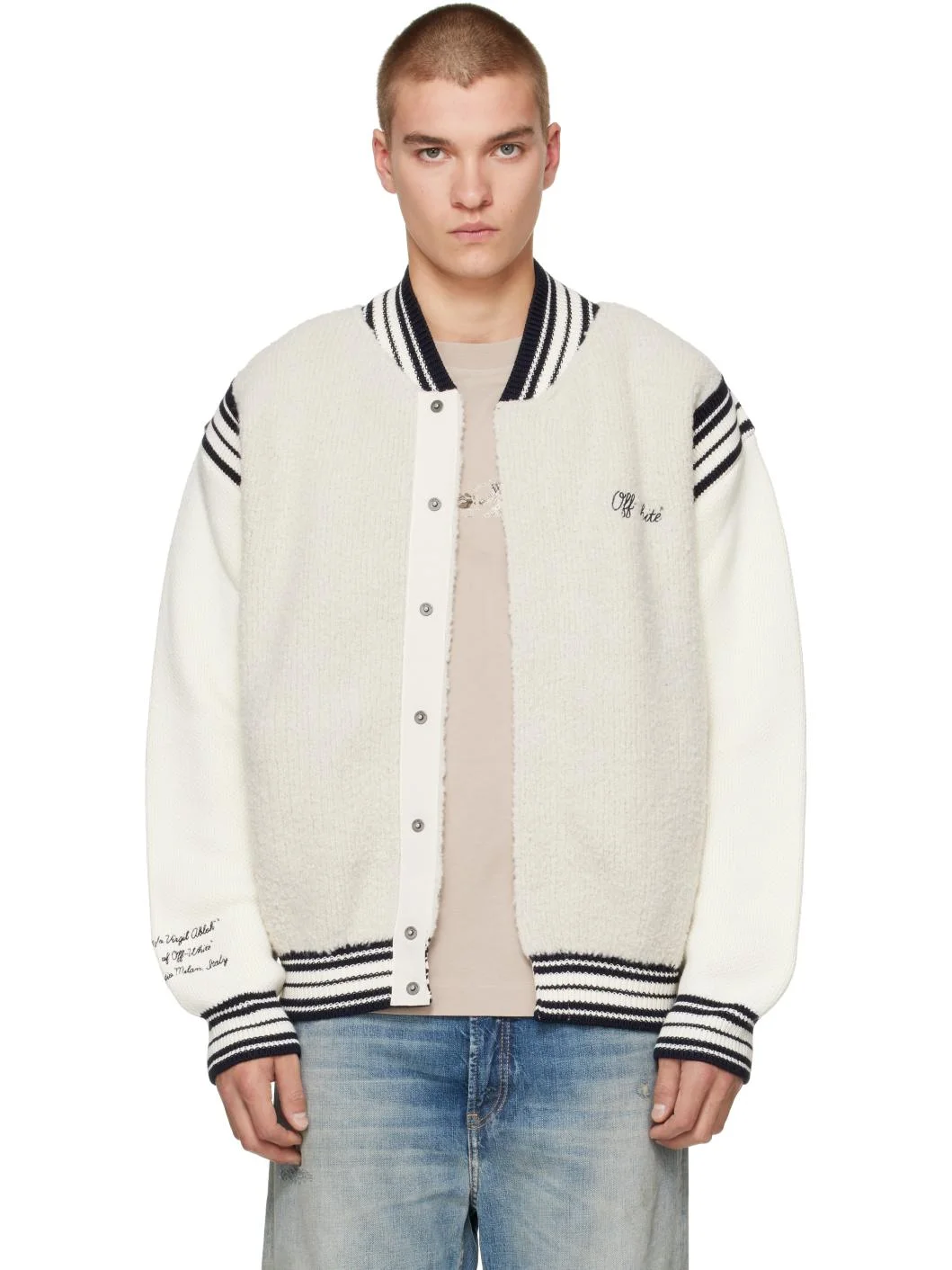 Gray & Off-White Script Logo Knit Bomber Jacket - 1