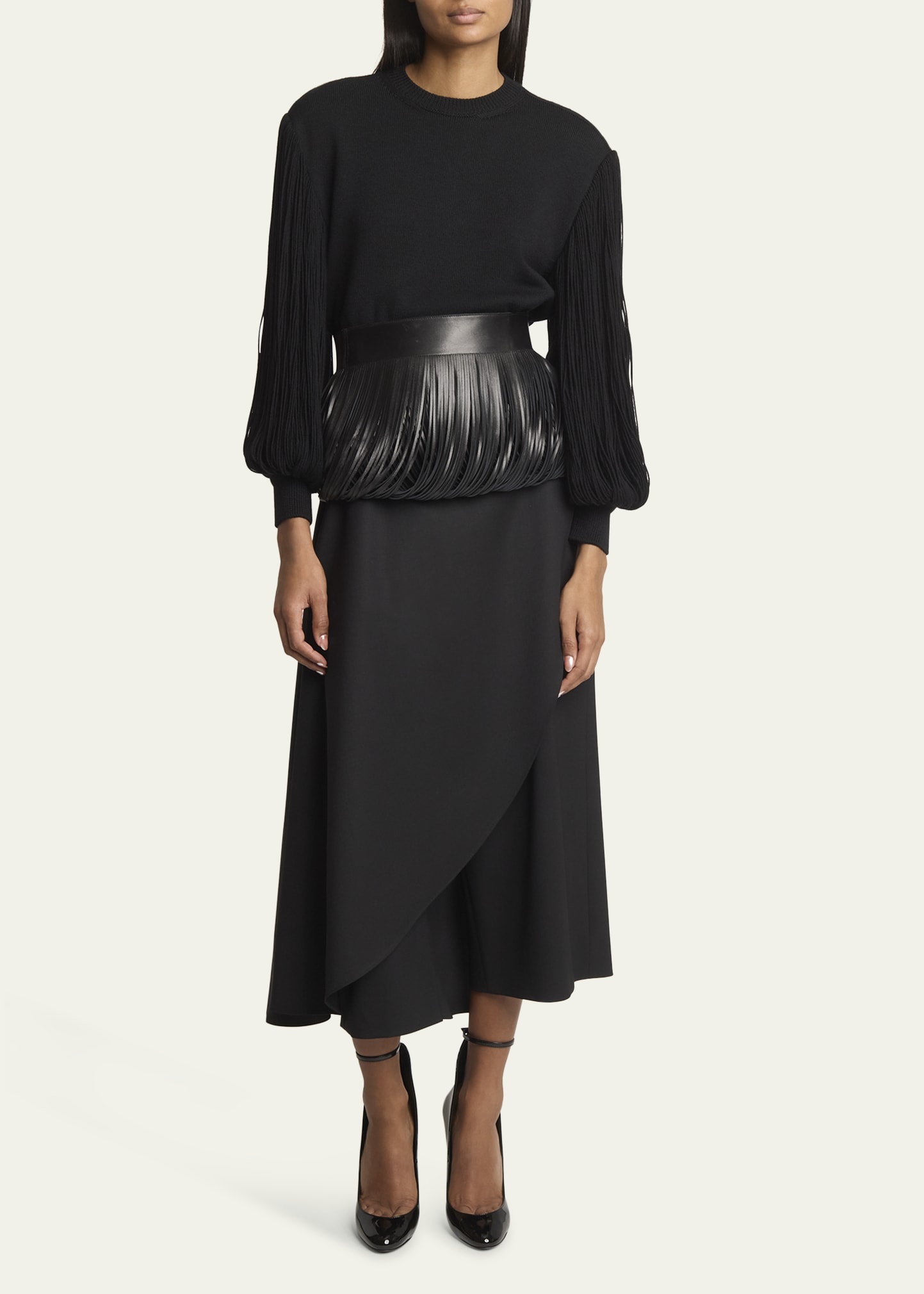 Slit Fringe Sleeve Wool Crewneck Sweater - 2