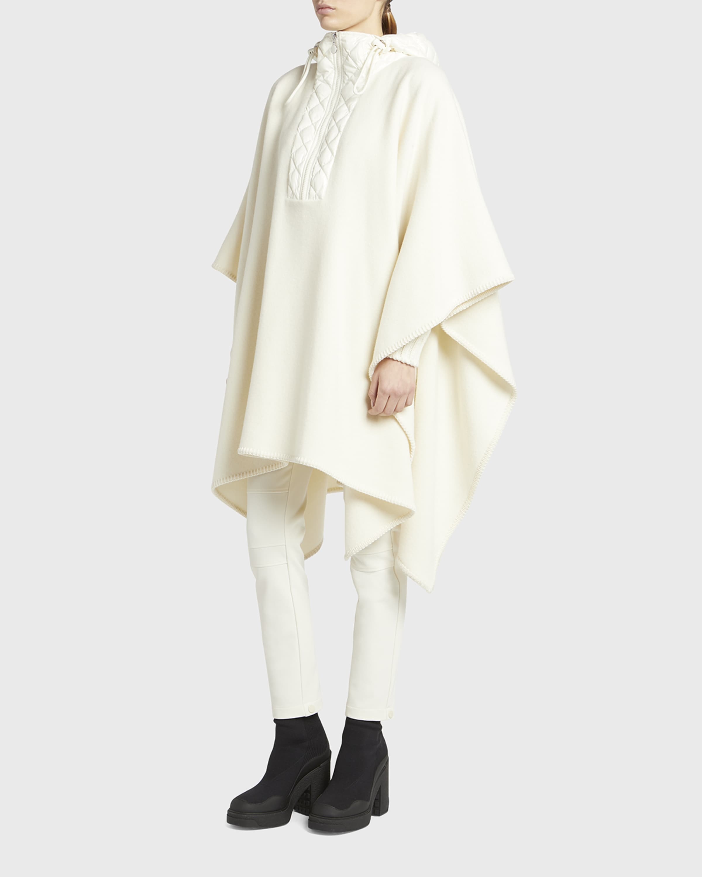 Hooded Long Wool Cape with Quilted Front - 1