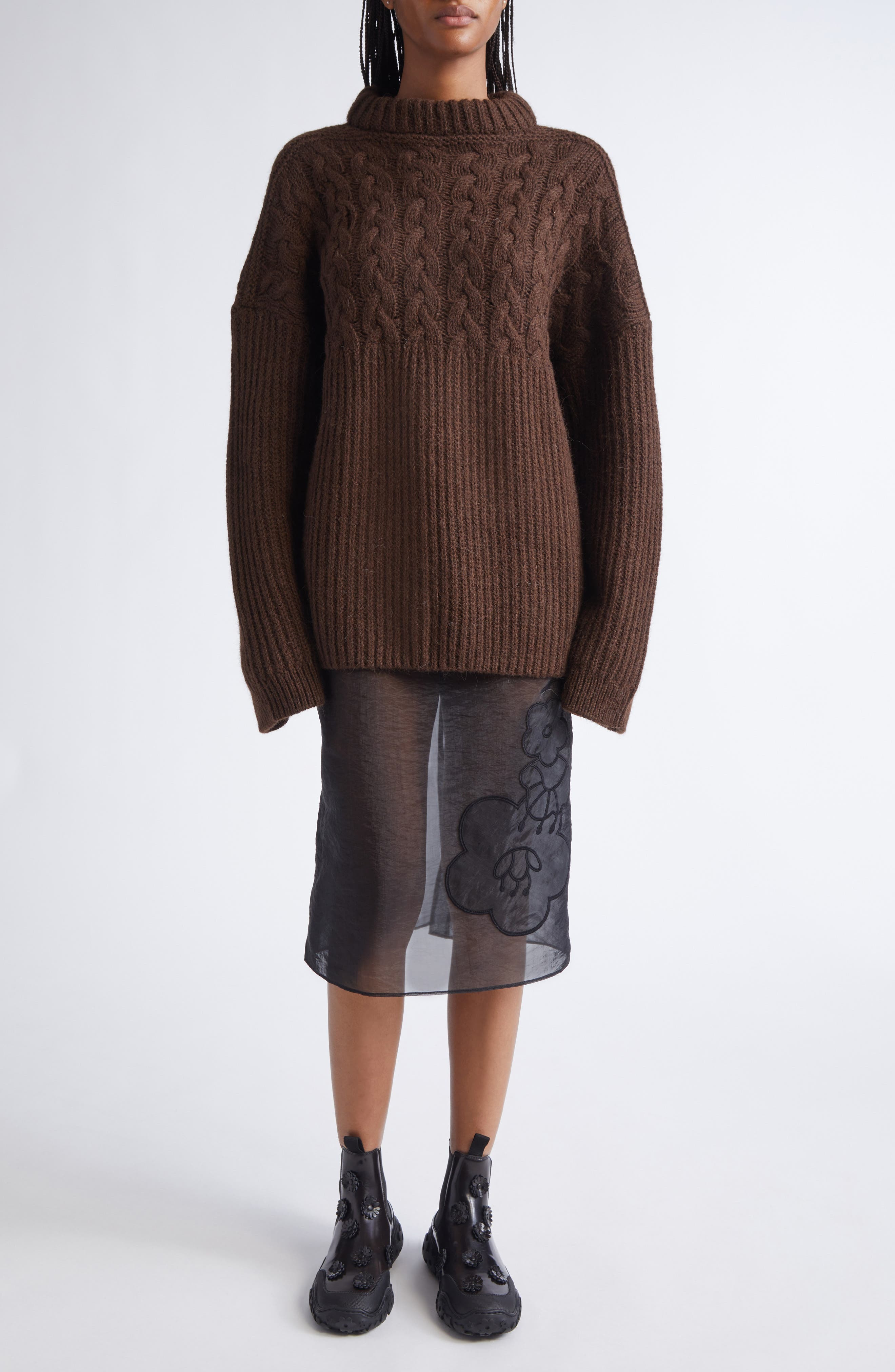Cecilie Bahnsen Belinda Mixed Stitch Wool & Alpaca Sweater in Brown at Nordstrom - 2