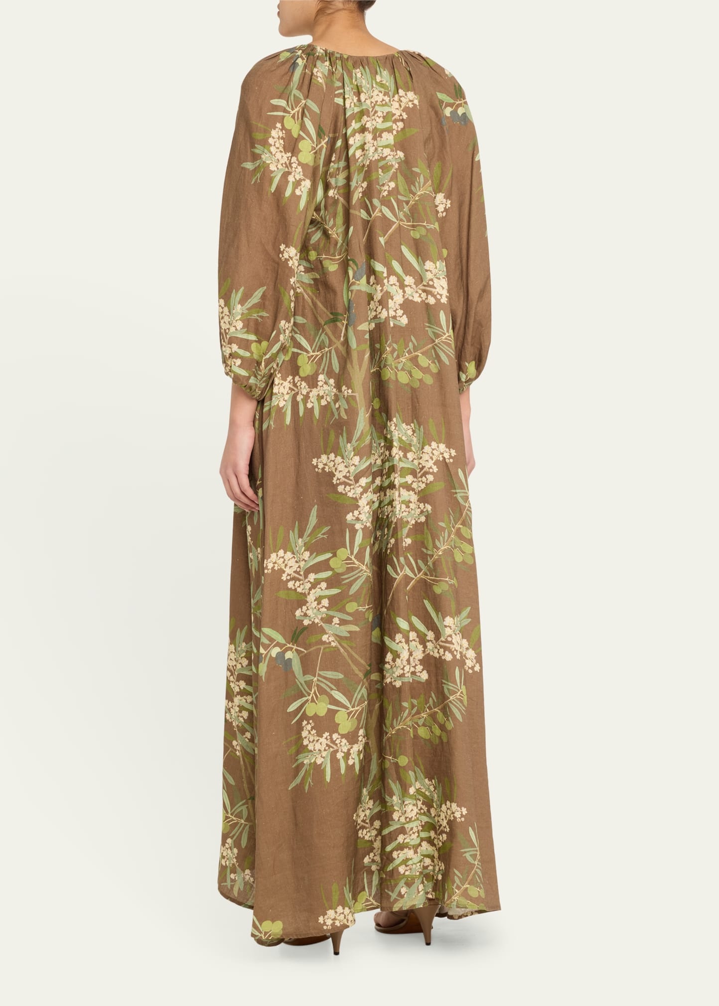 Puff-Sleeve Printed Linen Maxi Dress - 3